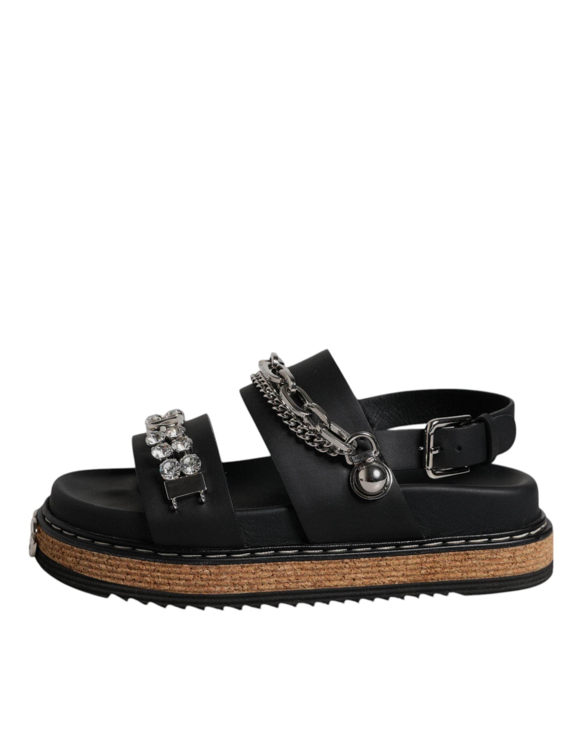 Dolce & Gabbana Black Crystal Embellish Strap Sandals Shoes - Hilstor
