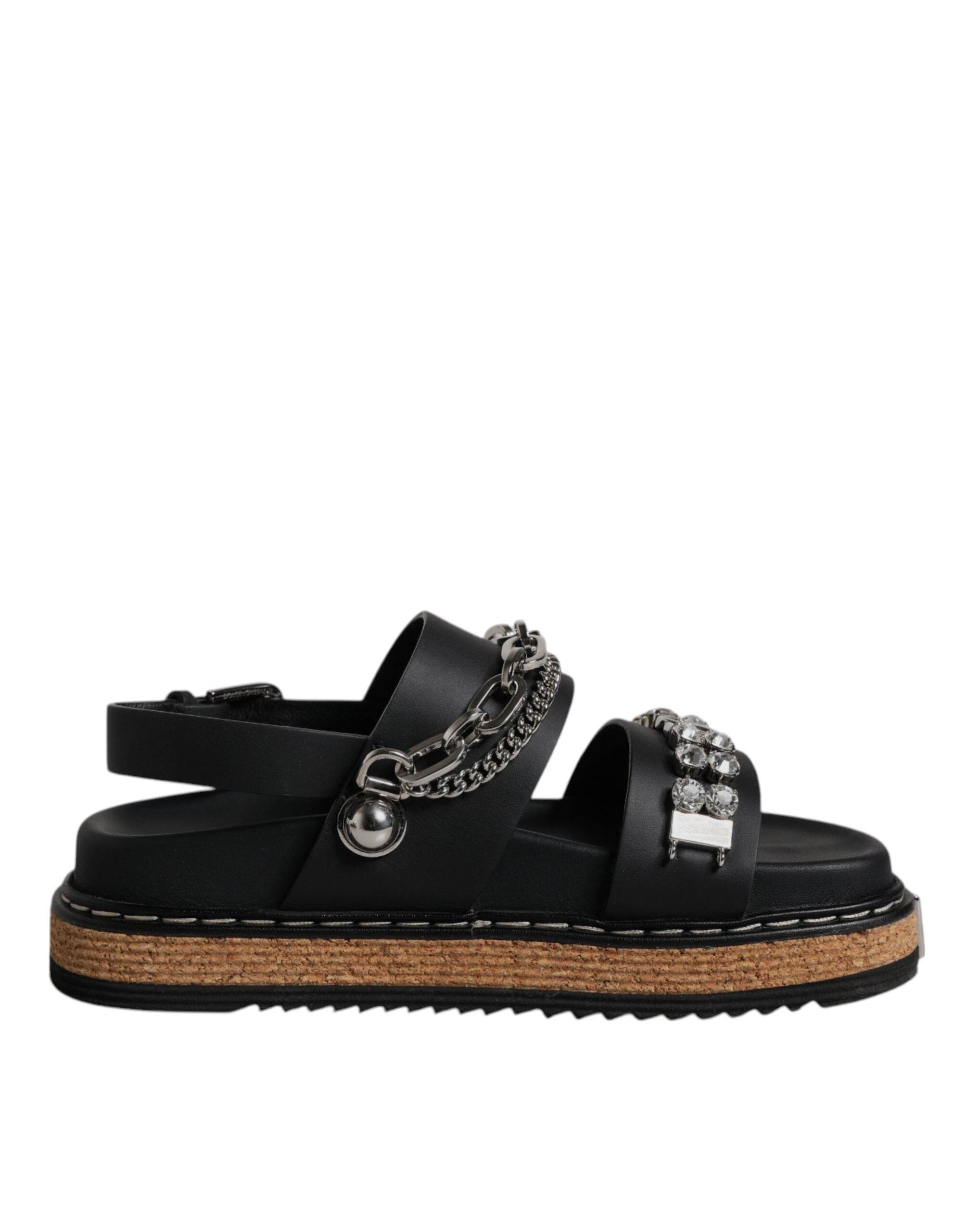 Dolce & Gabbana Black Crystal Embellish Strap Sandals Shoes - Hilstor