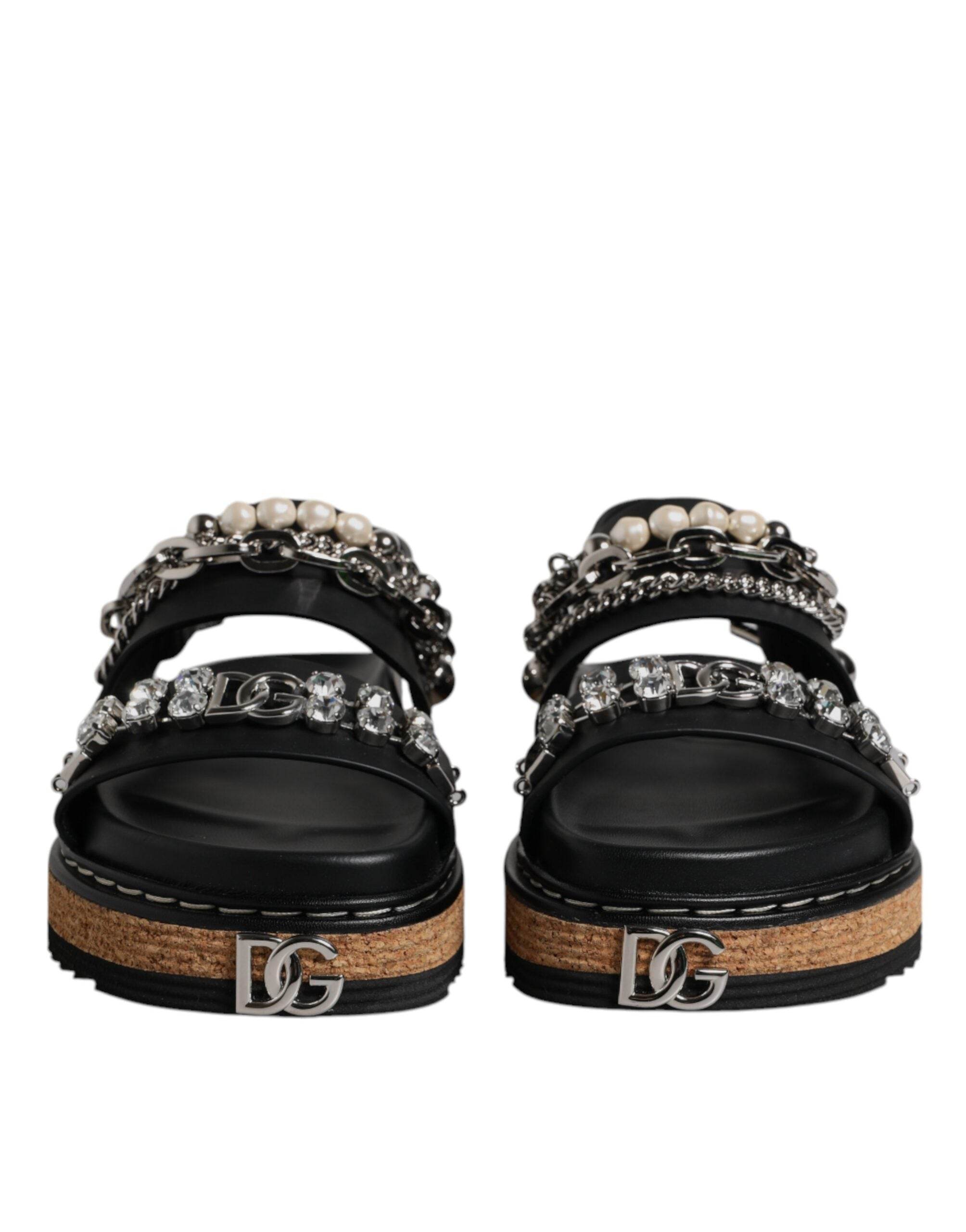 Dolce & Gabbana Black Crystal Embellish Strap Sandals Shoes - Hilstor