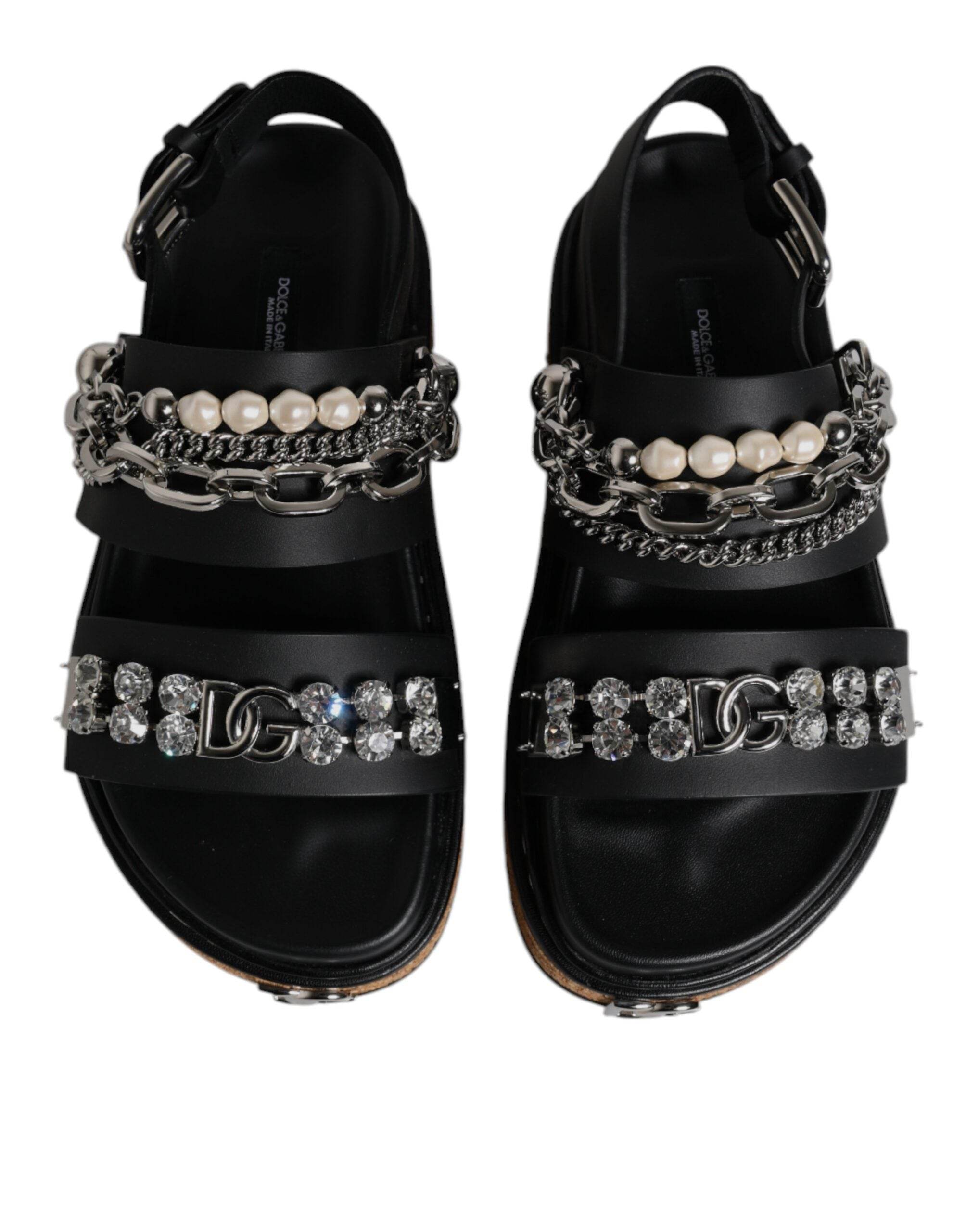 Dolce & Gabbana Black Crystal Embellish Strap Sandals Shoes - Hilstor