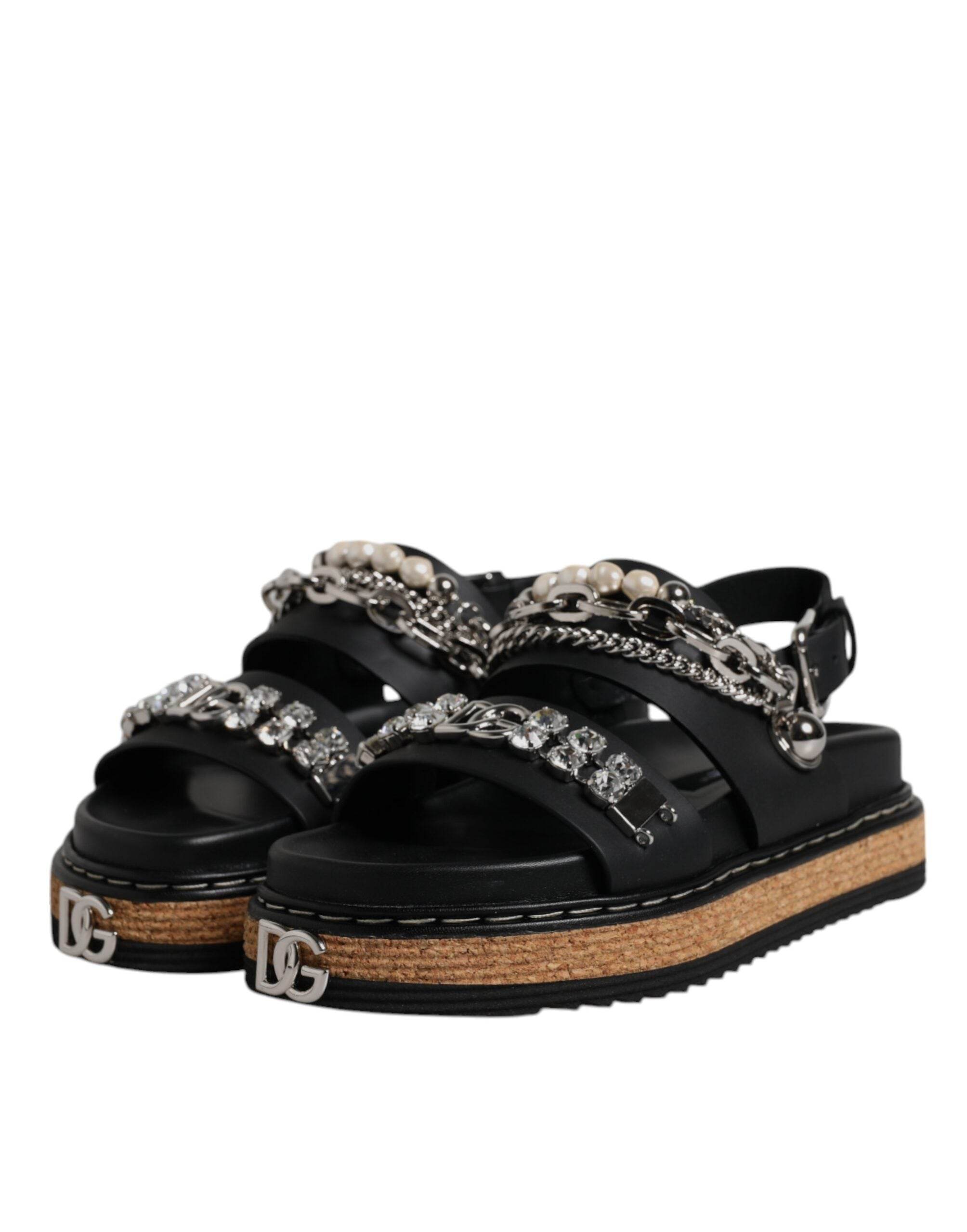 Dolce & Gabbana Black Crystal Embellish Strap Sandals Shoes - Hilstor