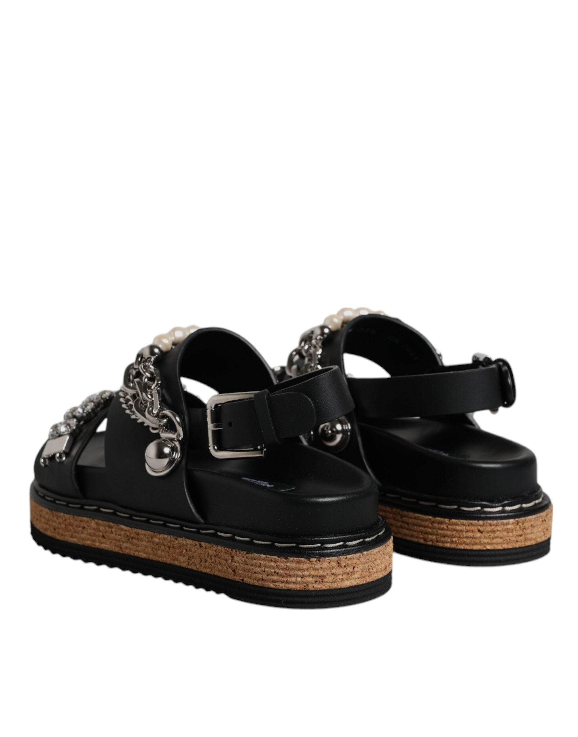 Dolce & Gabbana Black Crystal Embellish Strap Sandals Shoes - Hilstor