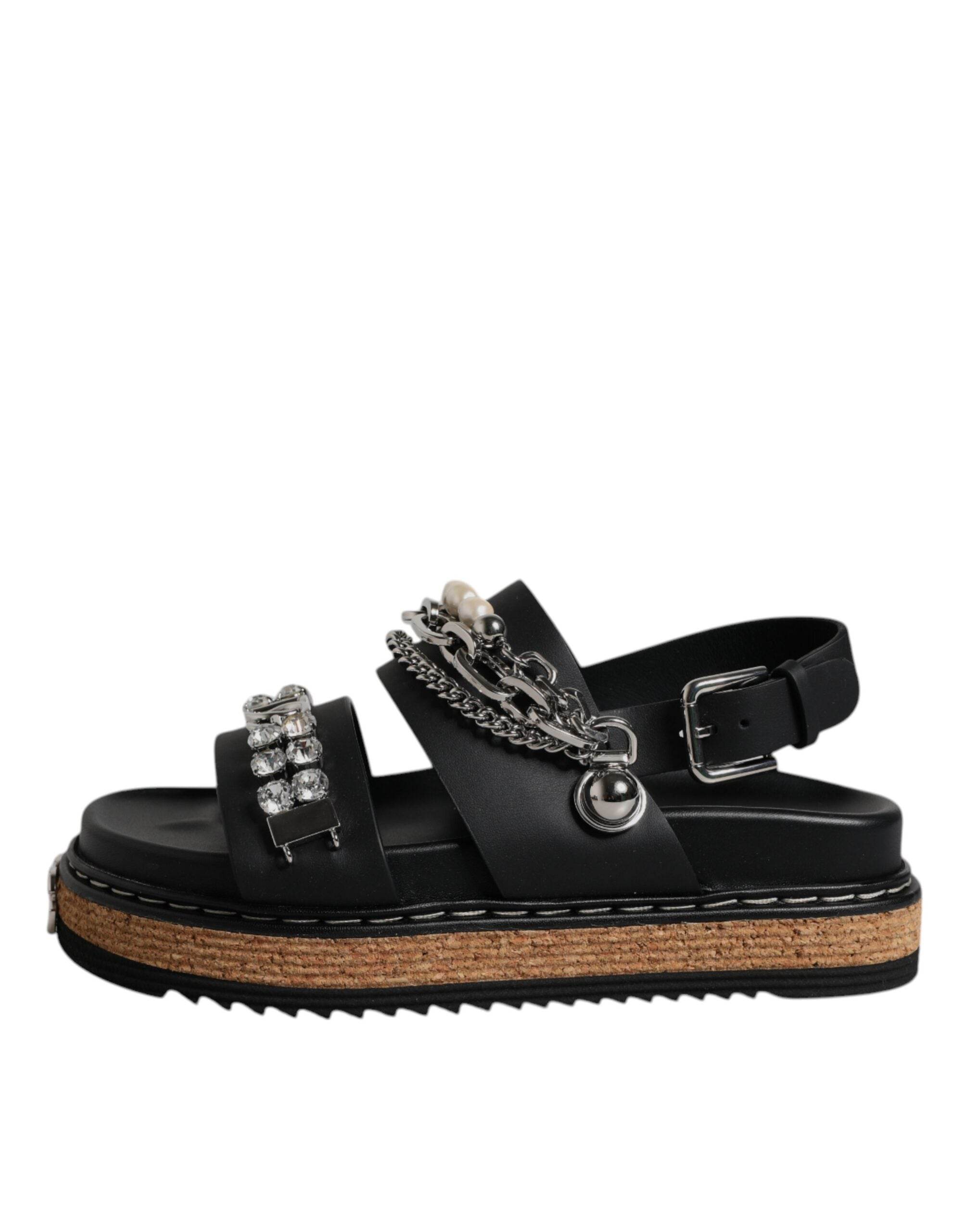 Dolce & Gabbana Black Crystal Embellish Strap Sandals Shoes - Hilstor