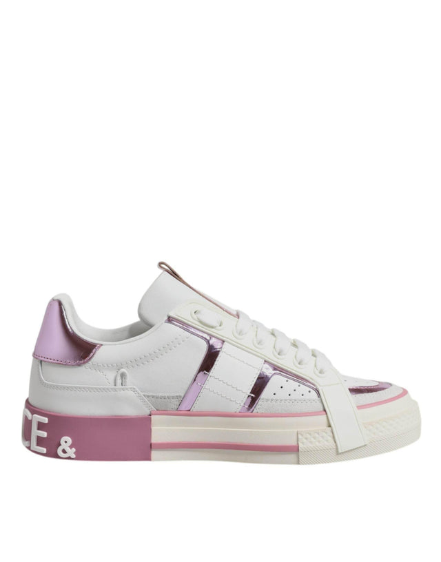 Dolce & Gabbana White Pink Leather Low Top Sneakers Shoes - Hilstor
