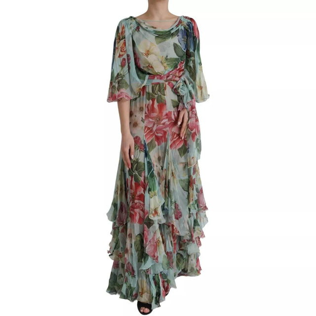 Dolce & Gabbana Blue Floral Print Tiered Long Maxi Dress - Hilstor