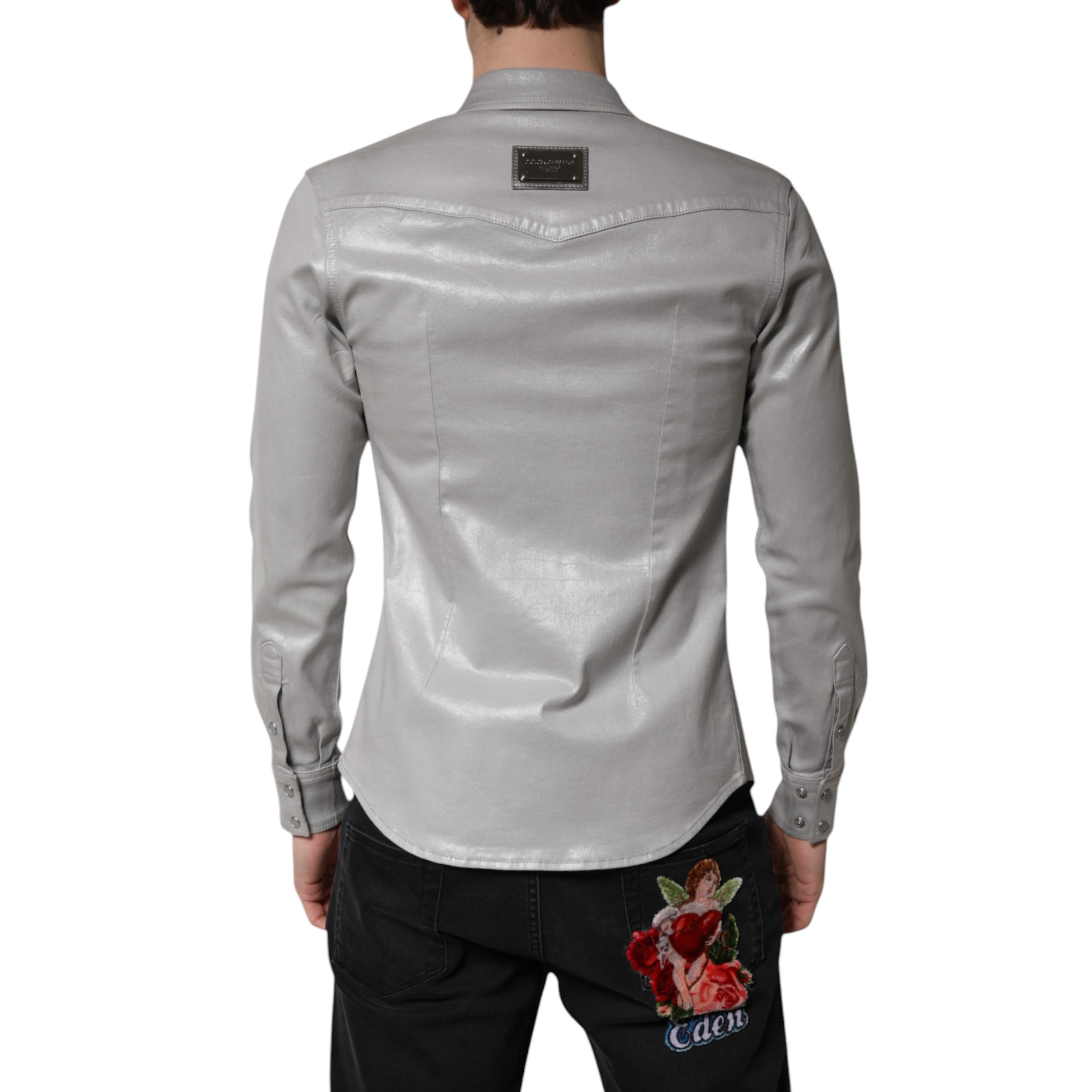 Dolce &amp; Gabbana metallisk grå bomuldsskjorte med knapper