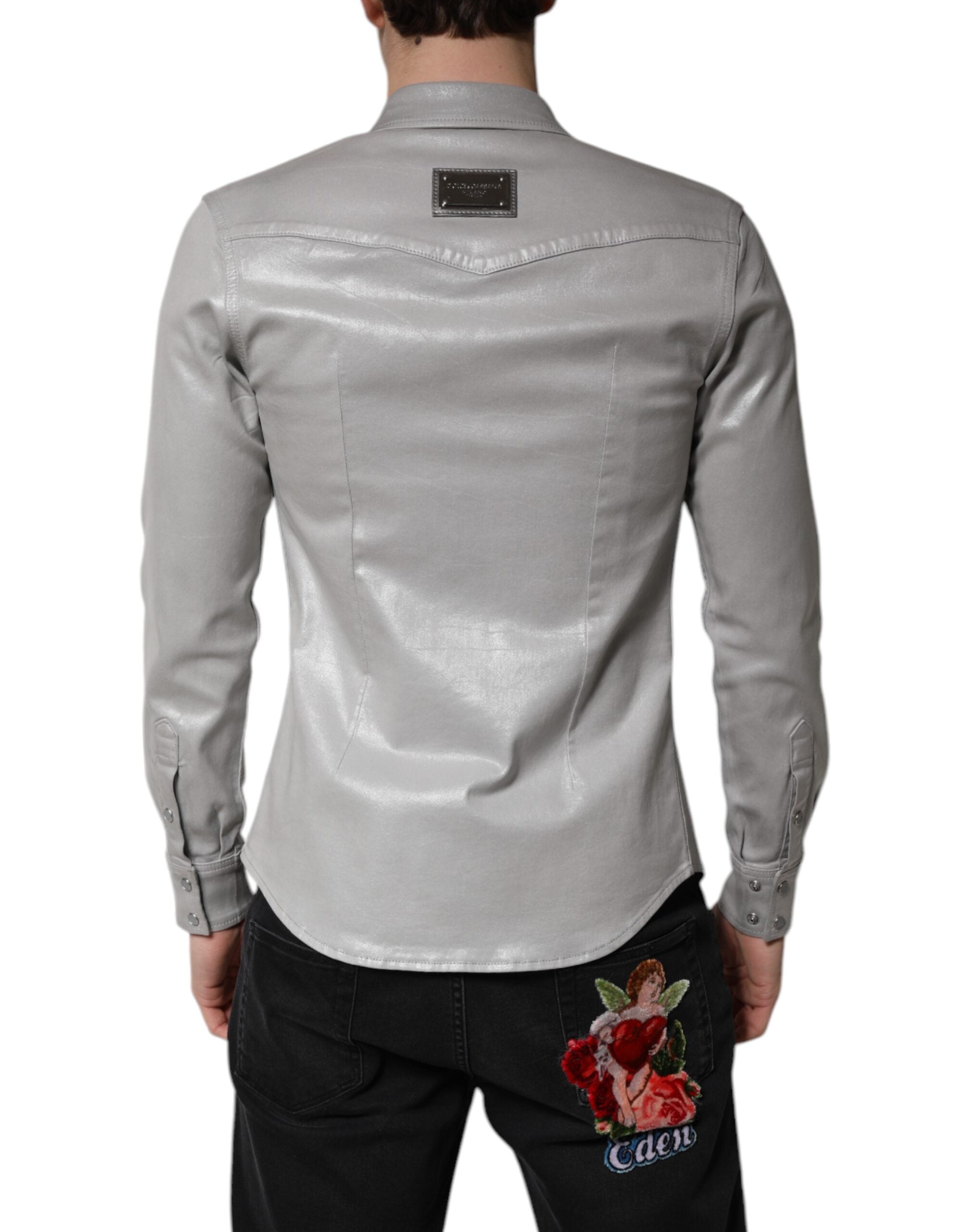 Dolce &amp; Gabbana metallisk grå bomuldsskjorte med knapper