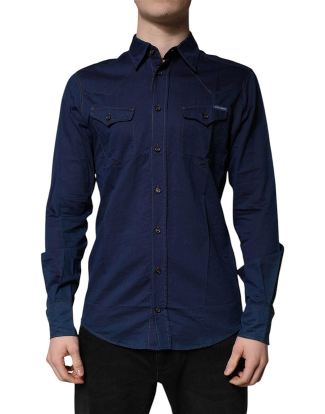 Dolce & Gabbana Dark Blue Cotton GOLD Dress Formal Shirt - Hilstor