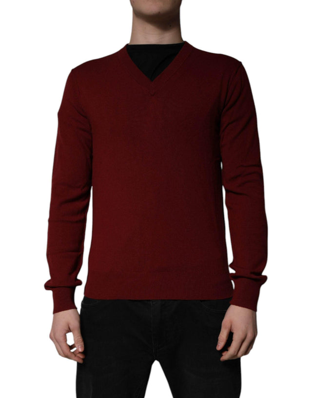 Dolce & Gabbana Maroon Cashmere V-neck Men Pullover Sweater - Hilstor