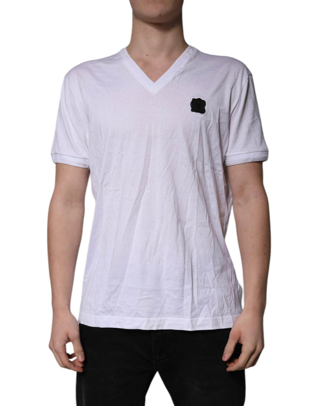 Dolce & Gabbana White Cotton Logo Patch V-neck Tee T-shirt - Hilstor