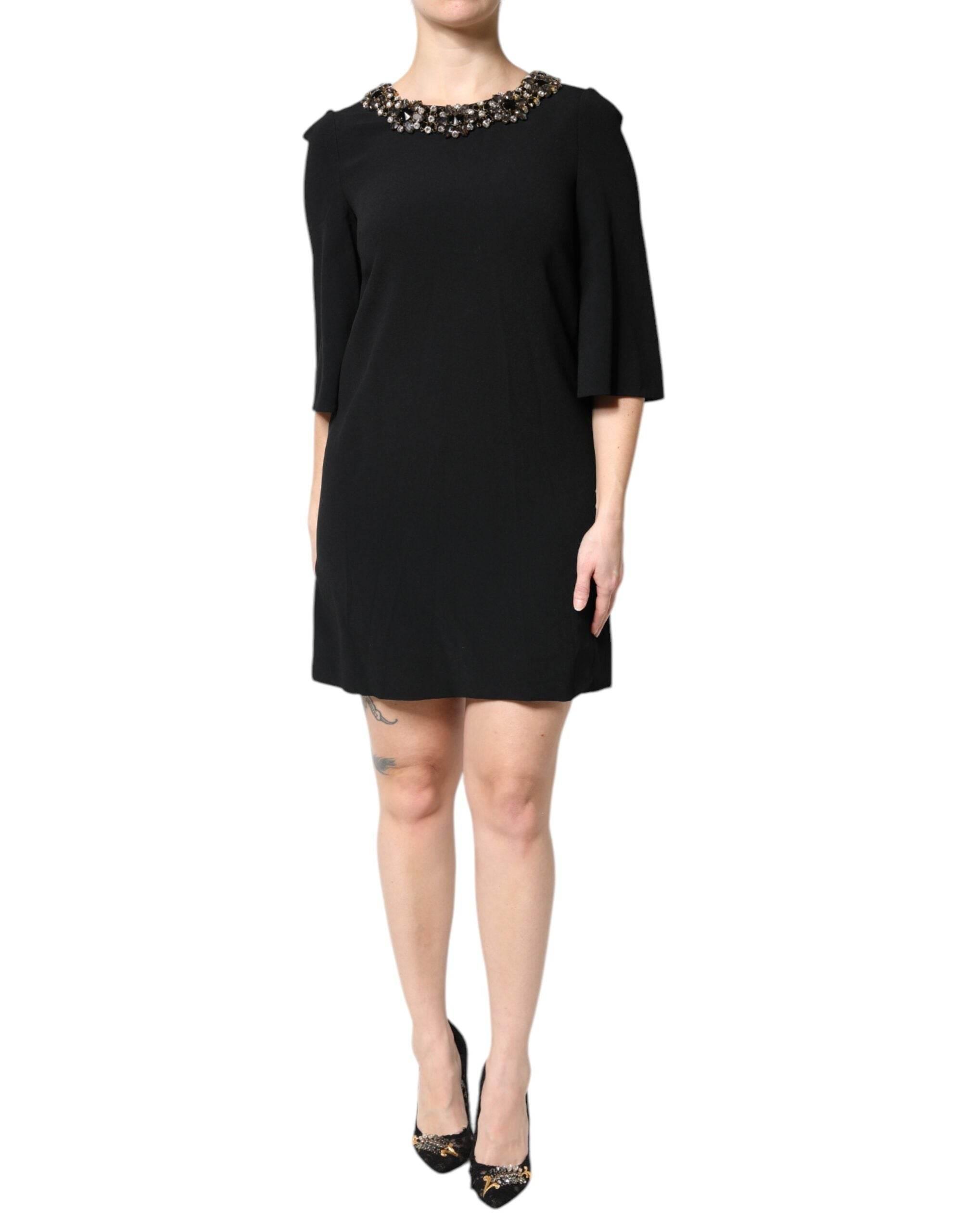 Dolce & Gabbana Black Crystal Embellished Round Neck Mini Dress - Hilstor
