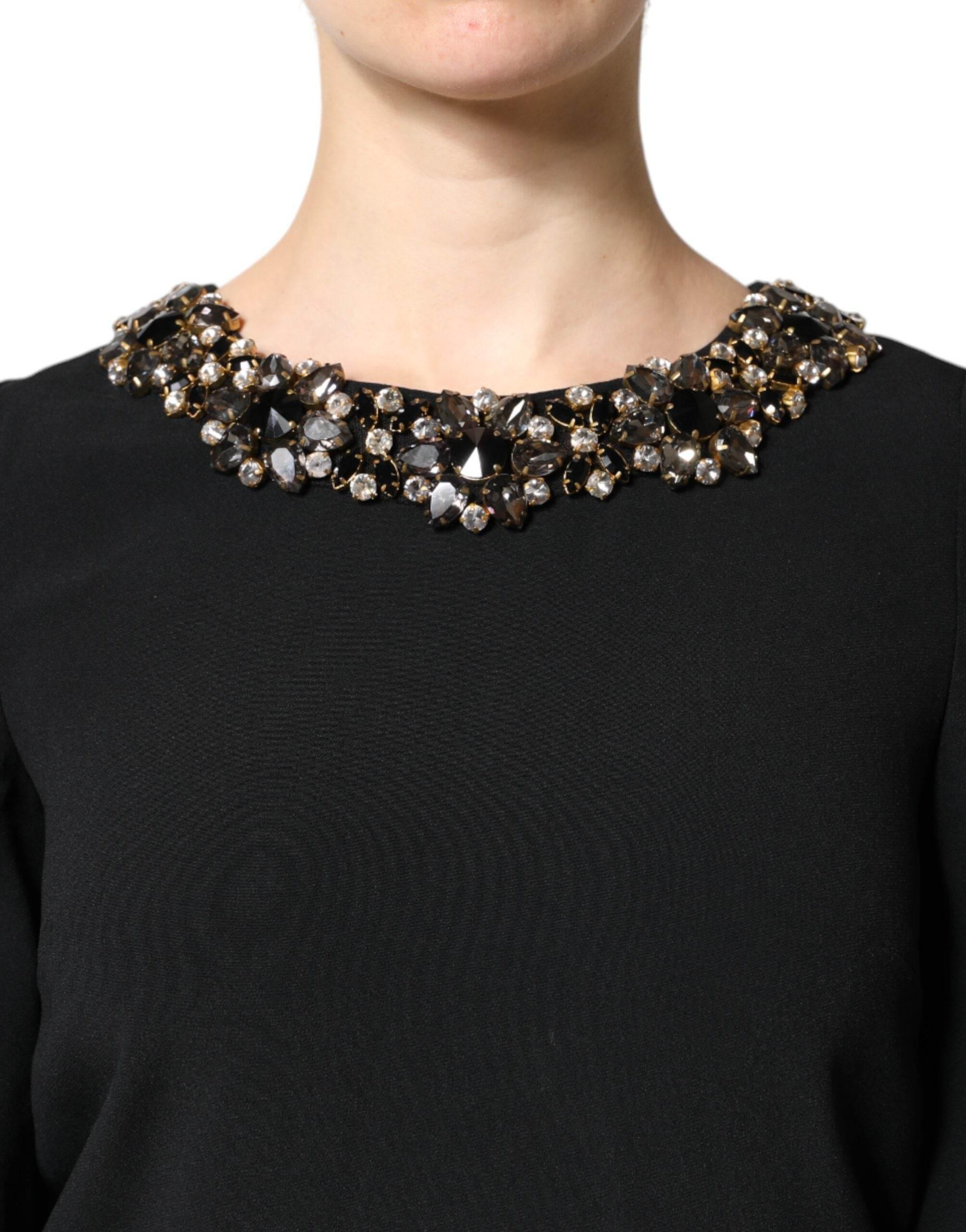 Dolce & Gabbana Black Crystal Embellished Round Neck Mini Dress - Hilstor