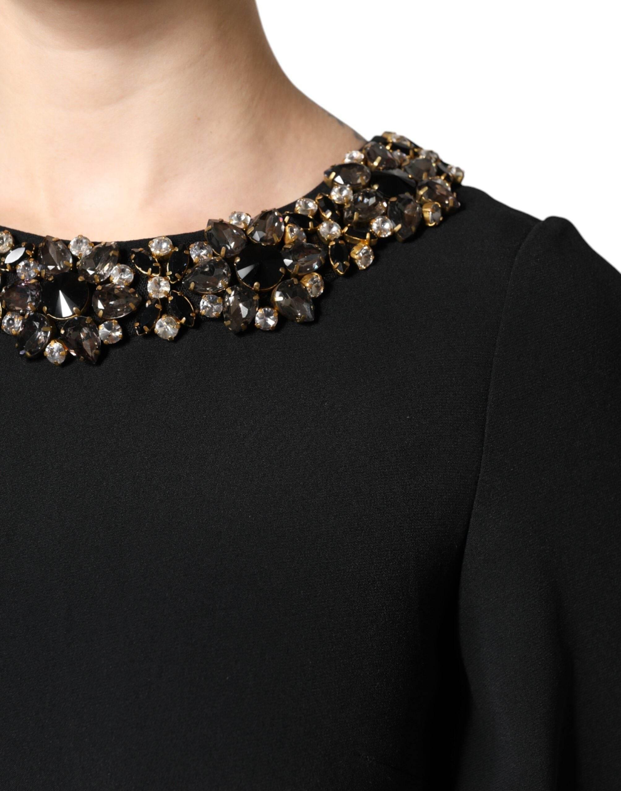 Dolce & Gabbana Black Crystal Embellished Round Neck Mini Dress - Hilstor