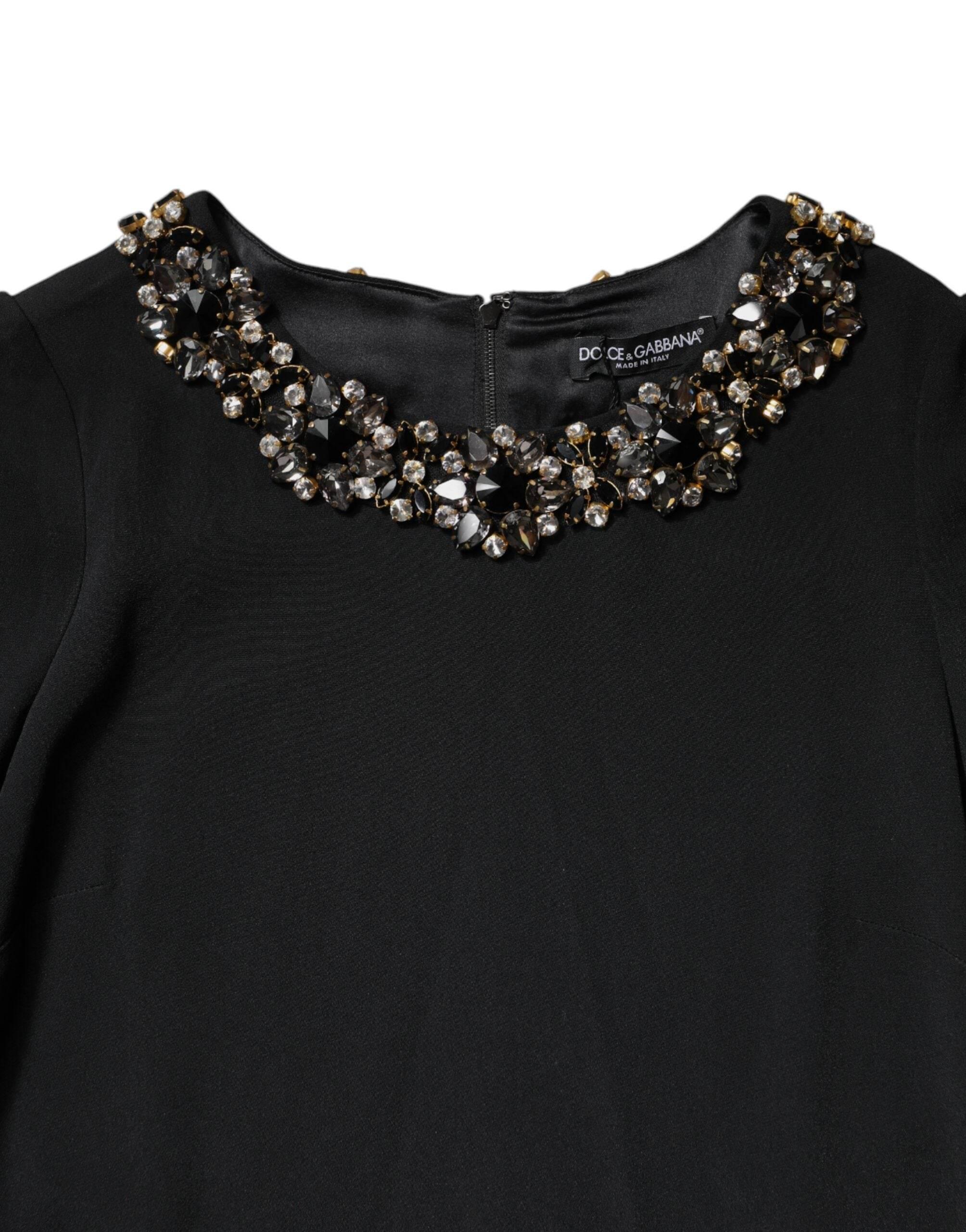 Dolce & Gabbana Black Crystal Embellished Round Neck Mini Dress - Hilstor