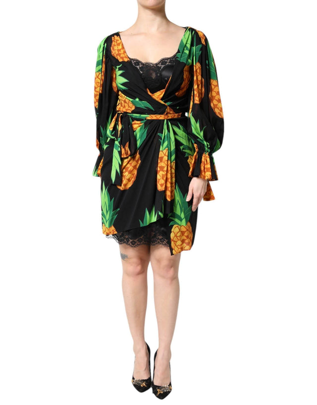 Dolce & Gabbana Black Silk Pineapple Draped Print Wrap Dress - Hilstor