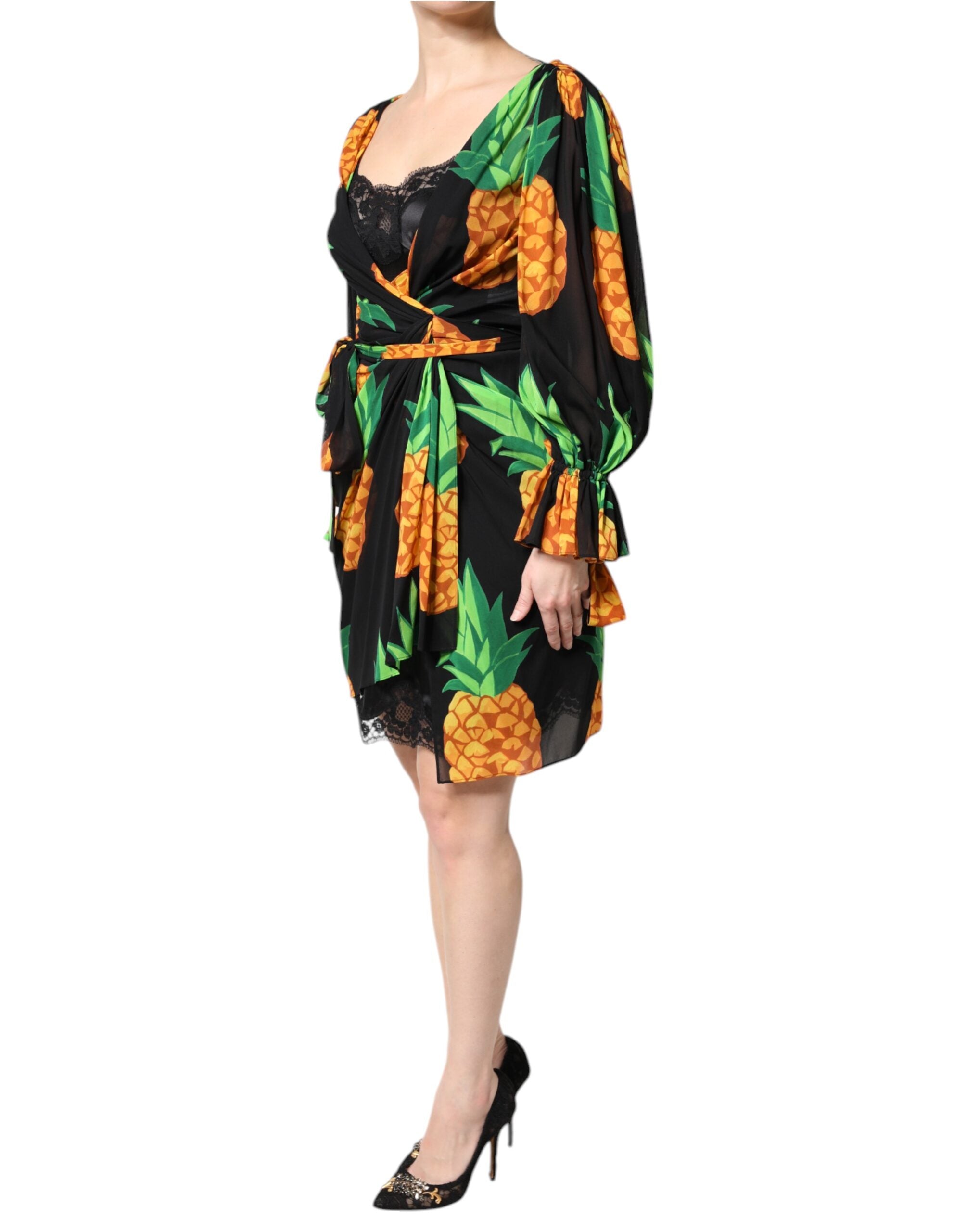 Dolce &amp; Gabbana sort silke ananas draperet omslagskjole