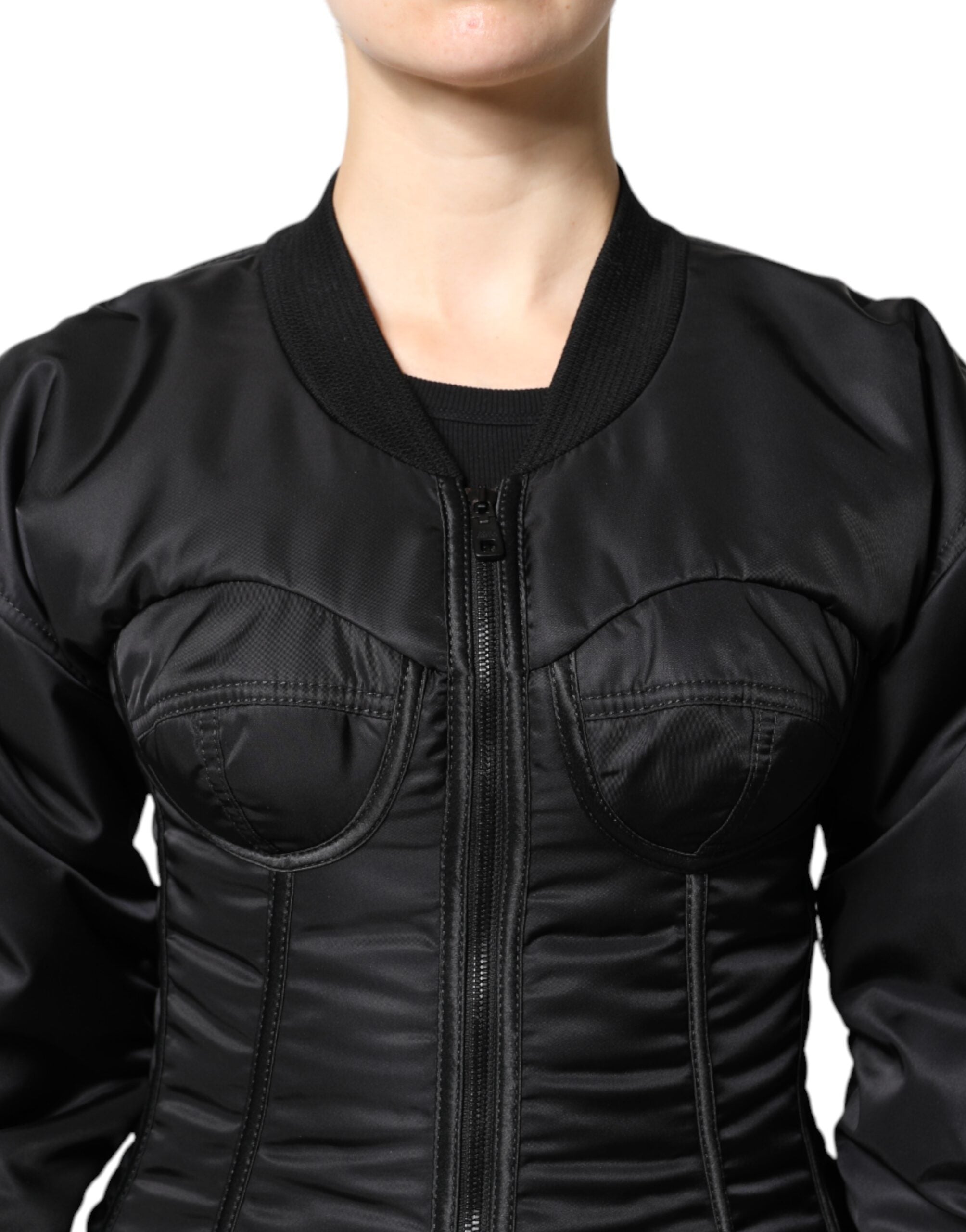 Dolce &amp; Gabbana sort nylon bustier korsetjakke med fuld lynlås
