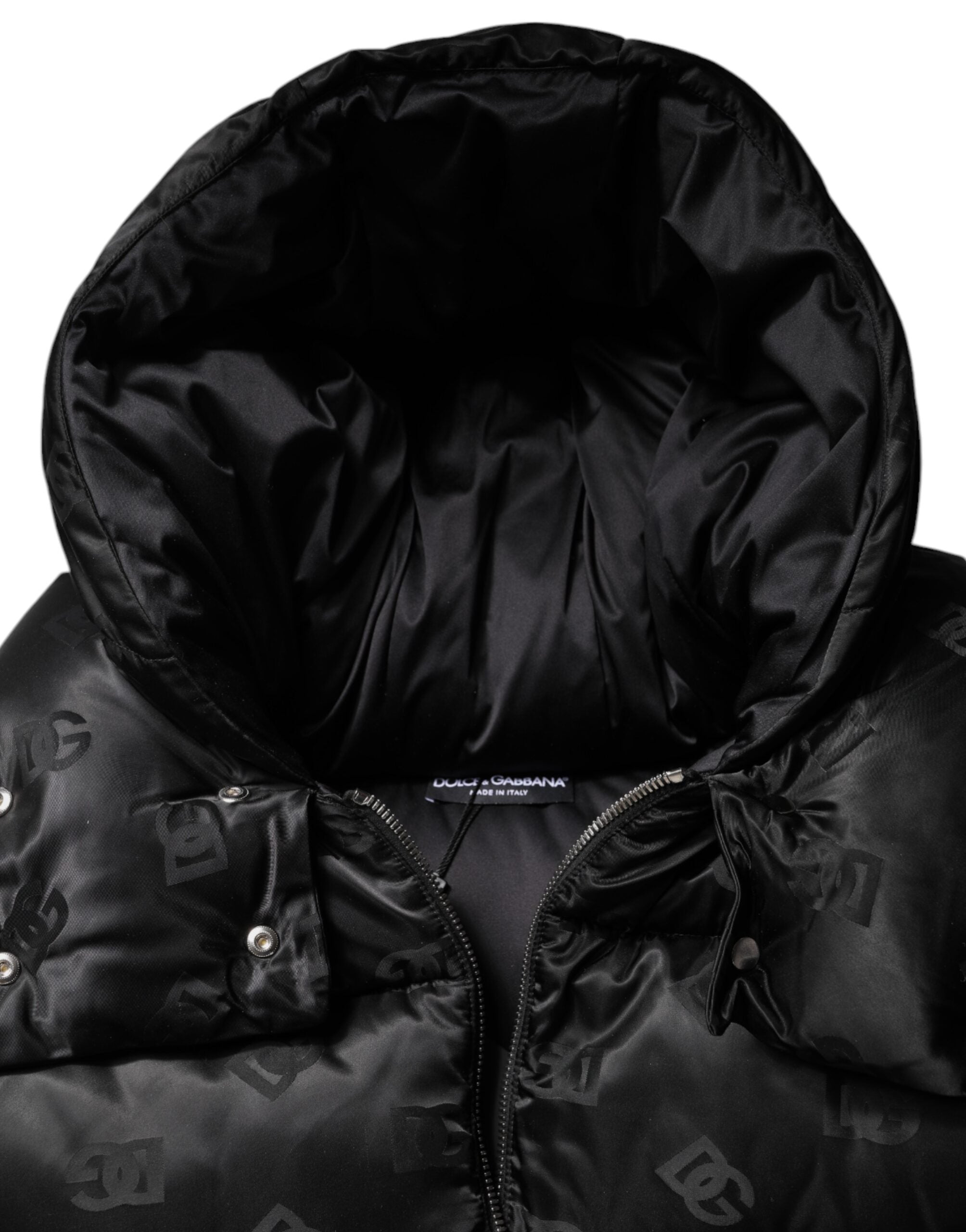 Dolce &amp; Gabbana sort polstret puffer hættejakke med fuld lynlås