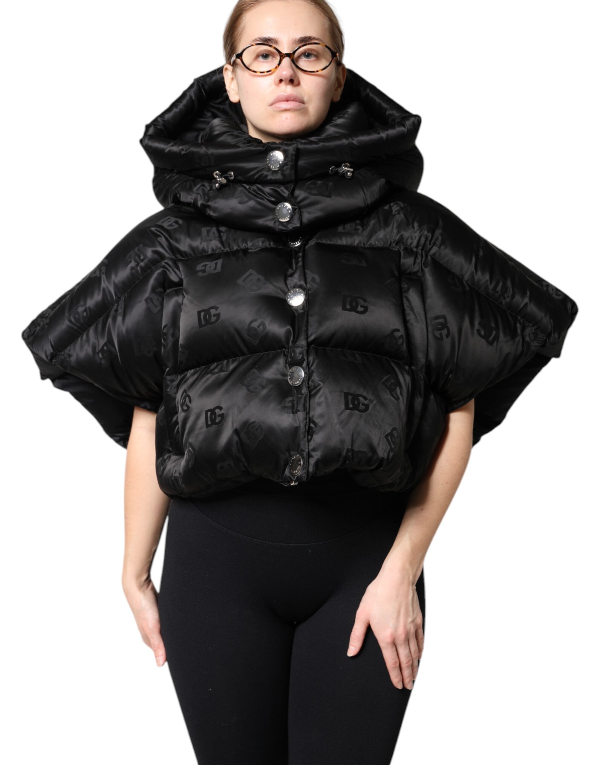 Dolce &amp; Gabbana sort polstret puffer hættejakke med fuld lynlås