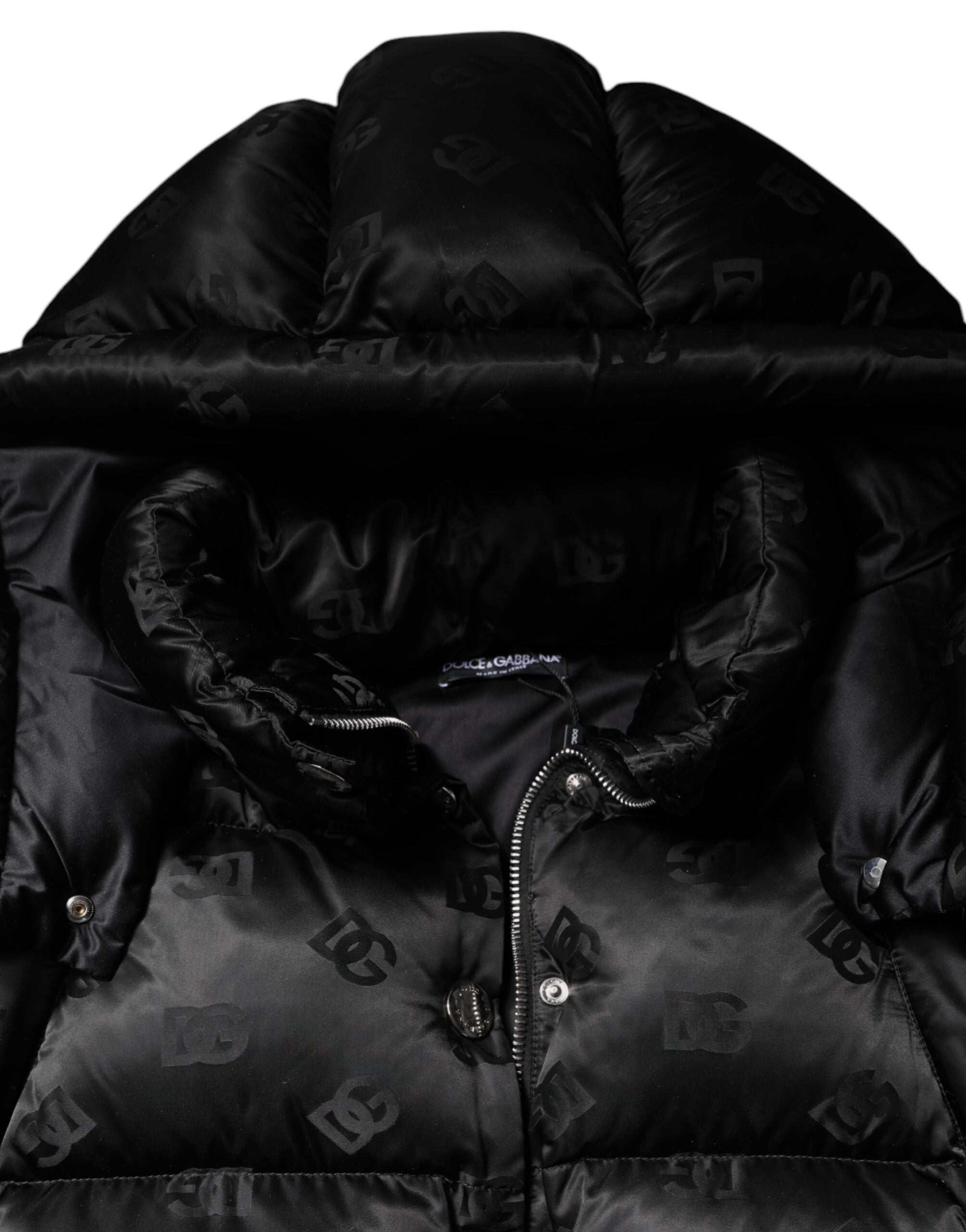 Dolce &amp; Gabbana sort polstret puffer hættejakke med fuld lynlås