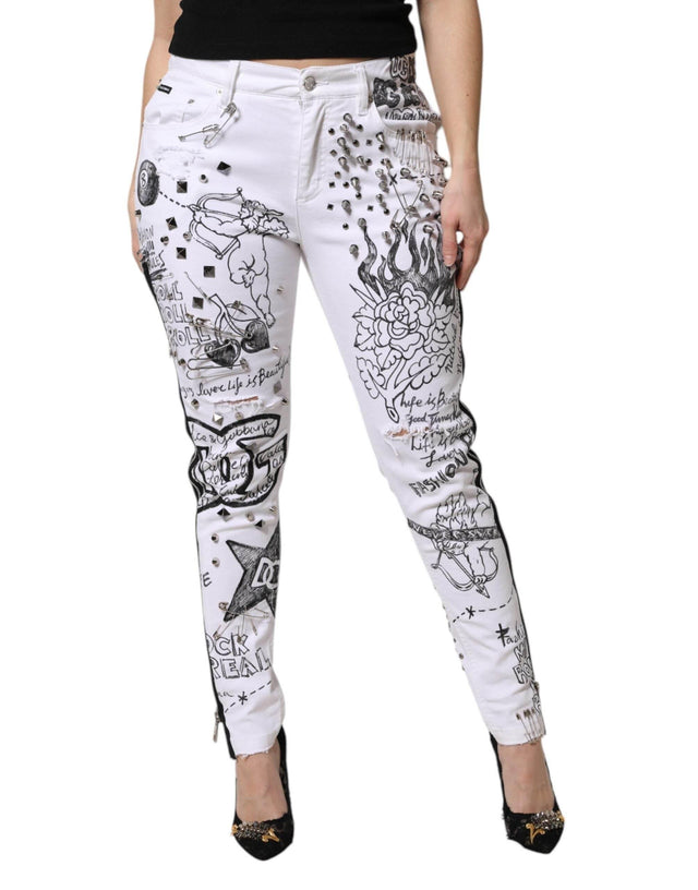 Dolce & Gabbana White Printed Embellished Skinny Denim Jeans - Hilstor