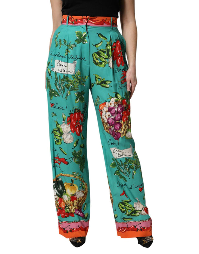 Dolce & Gabbana Green Silk Printed Straight Pants - Hilstor