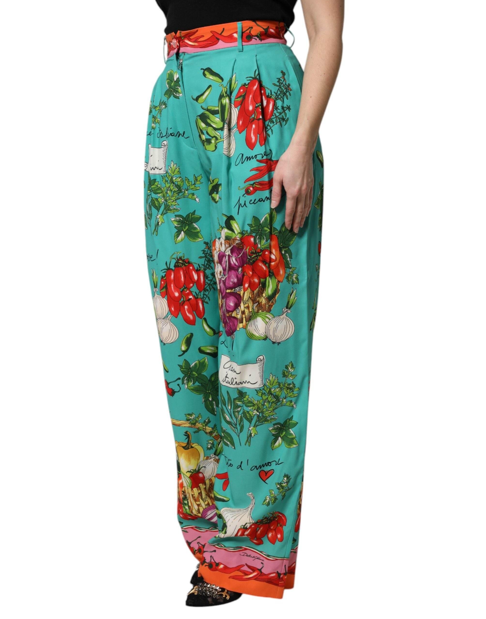 Dolce & Gabbana Green Silk Printed Straight Pants - Hilstor