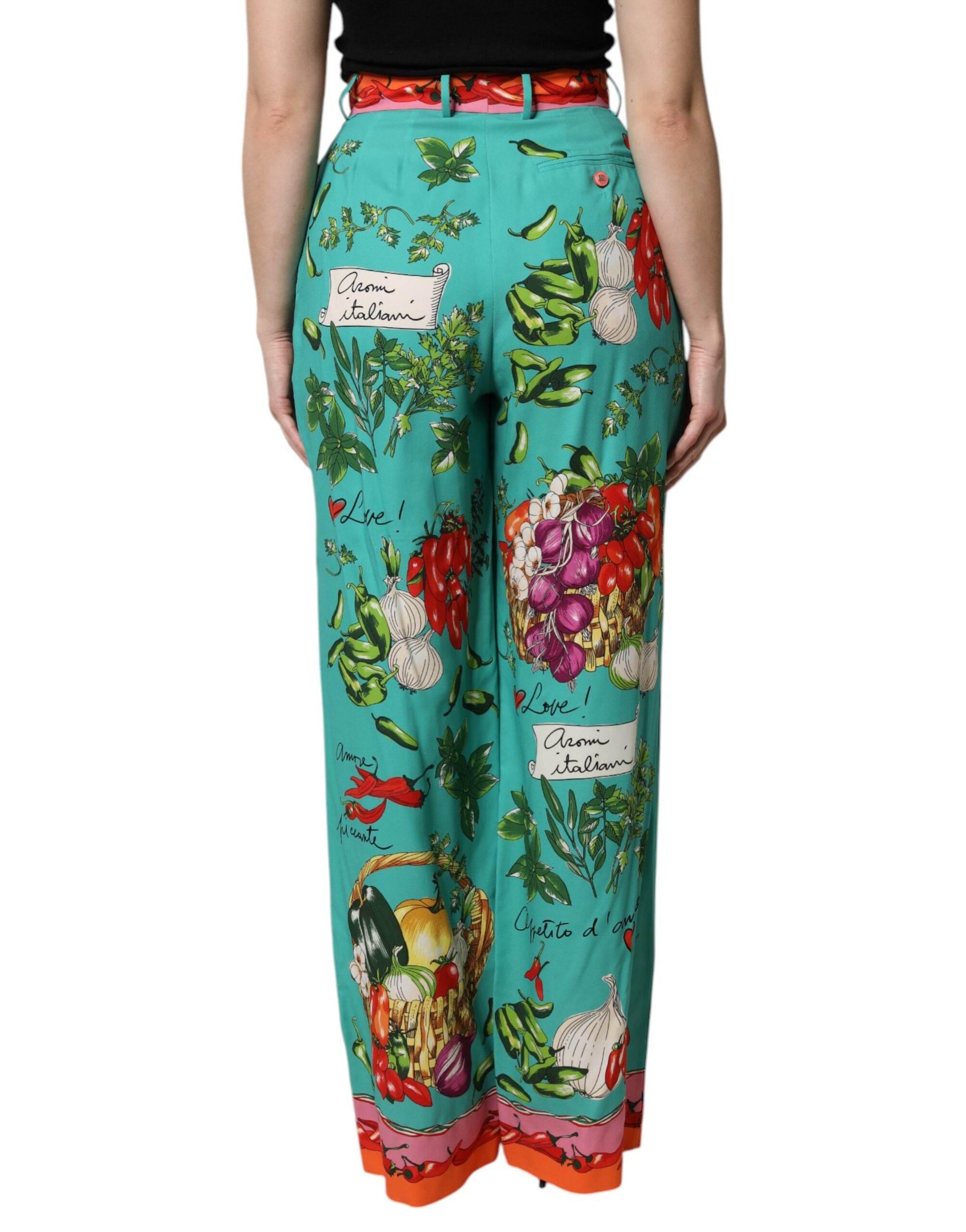 Dolce & Gabbana Green Silk Printed Straight Pants - Hilstor
