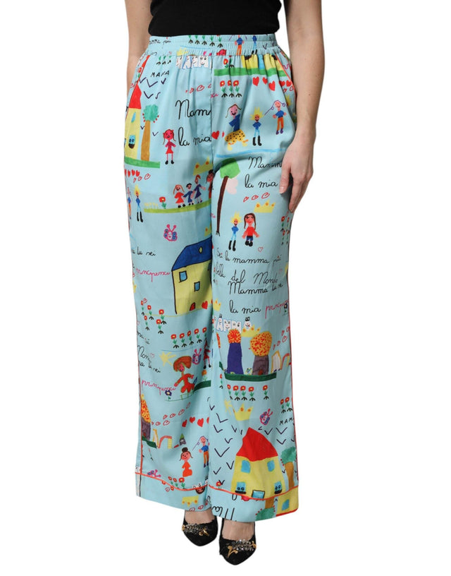 Dolce & Gabbana Light Blue Drawing Mid Waist Wide Leg Pants - Hilstor