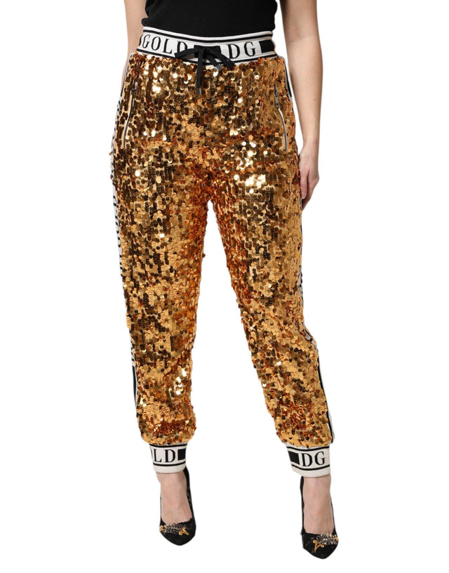 Dolce & Gabbana Metallic Gold DG Logo Sequined Jogger Pants - Hilstor