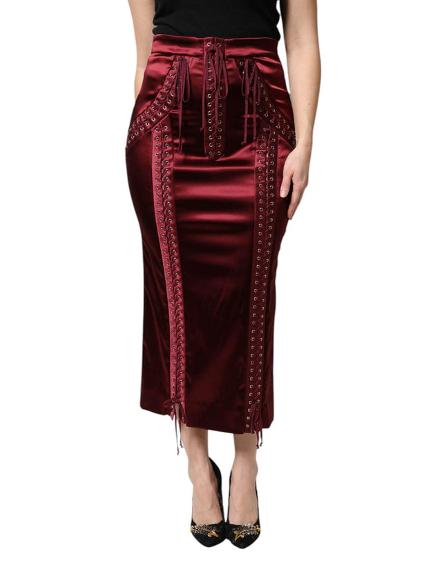 Dolce & Gabbana Burgundy High Waist Satin Corset Midi Skirt - Hilstor