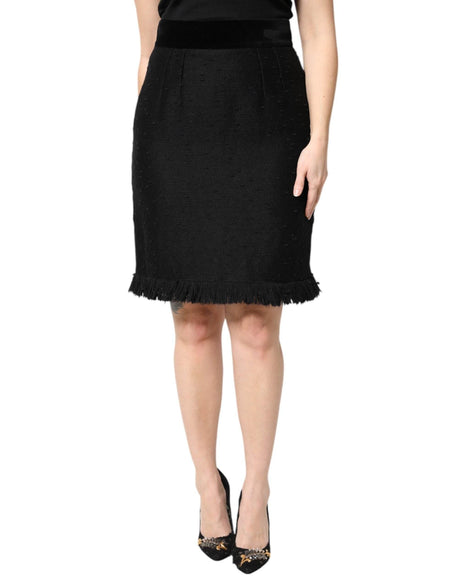 Dolce & Gabbana Black Wool Fringe High Waist Pencil Mini Skirt - Hilstor