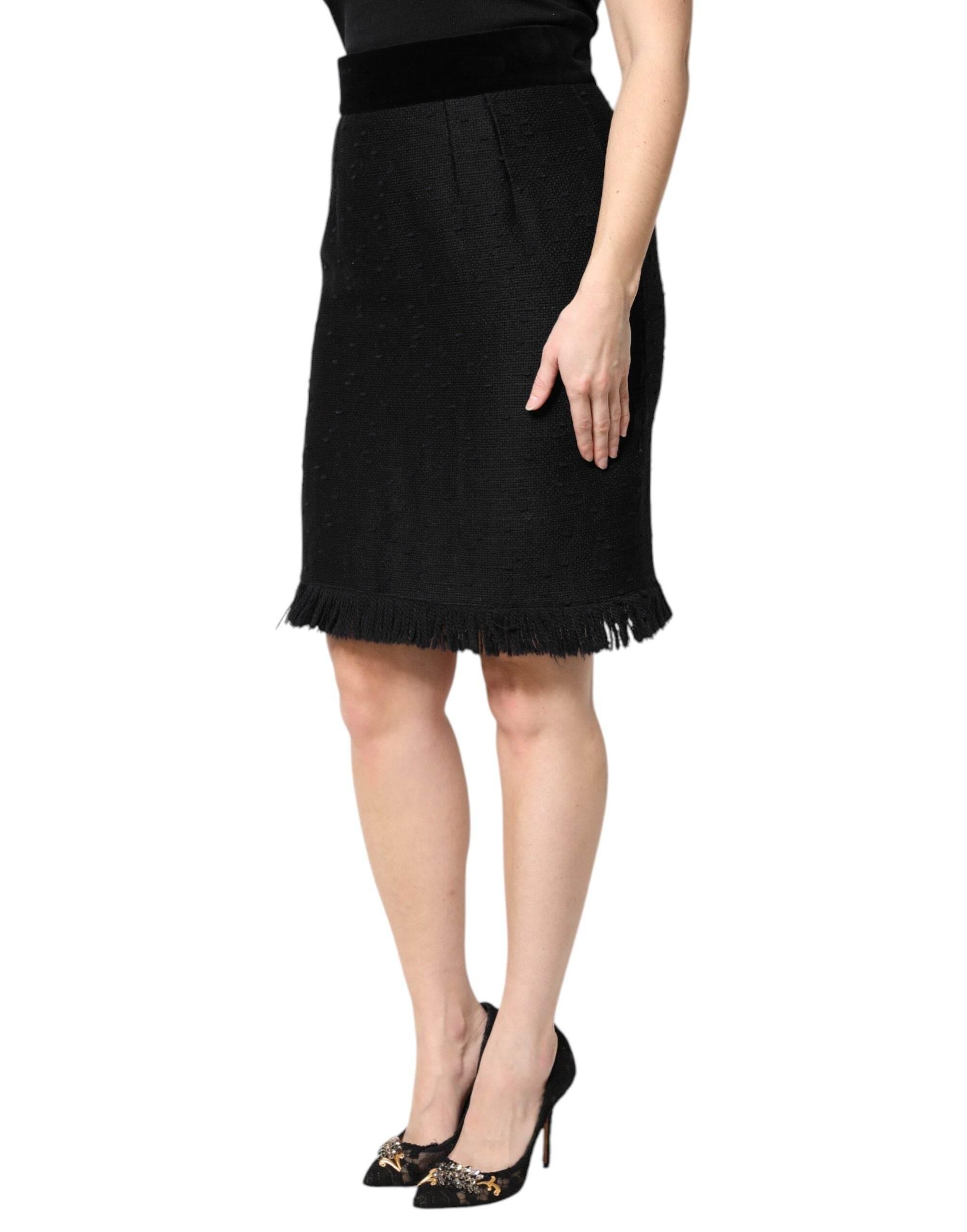 Dolce & Gabbana Black Wool Fringe High Waist Pencil Mini Skirt - Hilstor