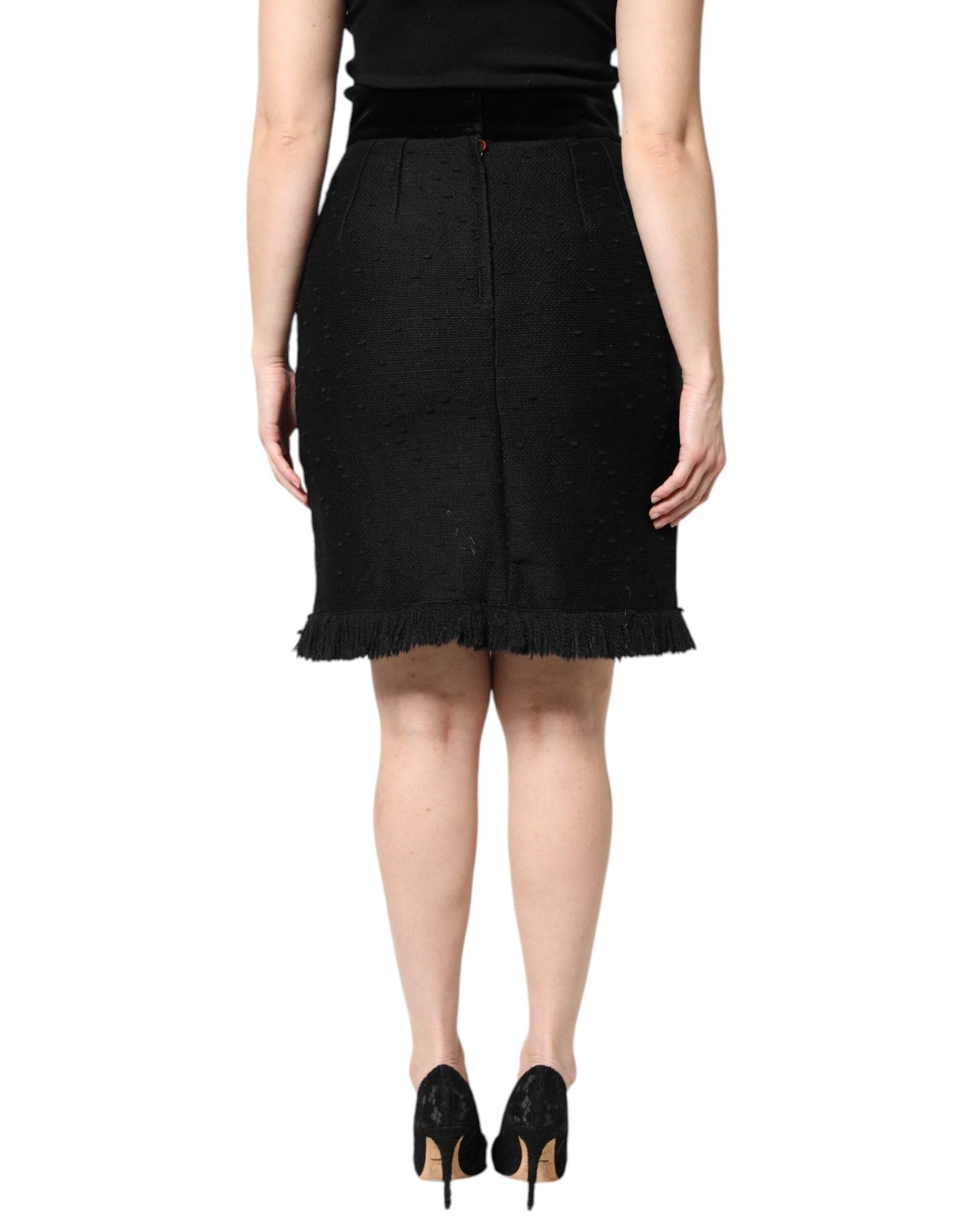 Dolce & Gabbana Black Wool Fringe High Waist Pencil Mini Skirt - Hilstor