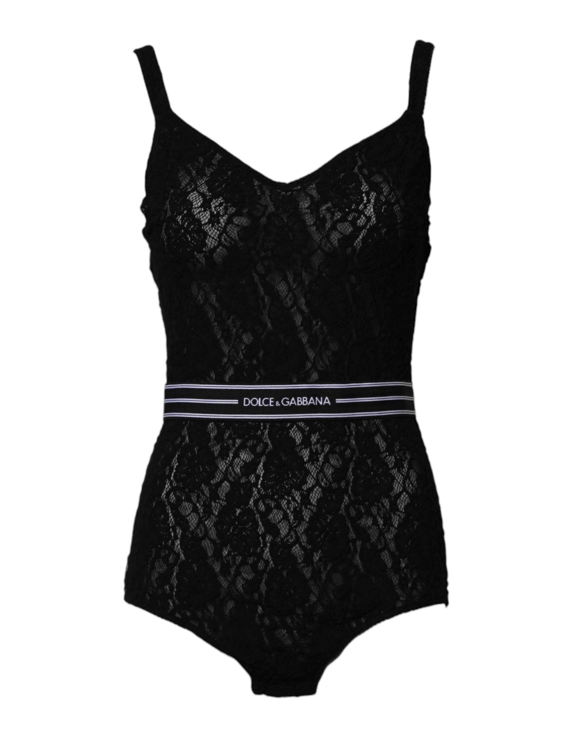 Dolce & Gabbana Black Lace Branded Elastic Lingerie Bodysuit Underwear - Hilstor
