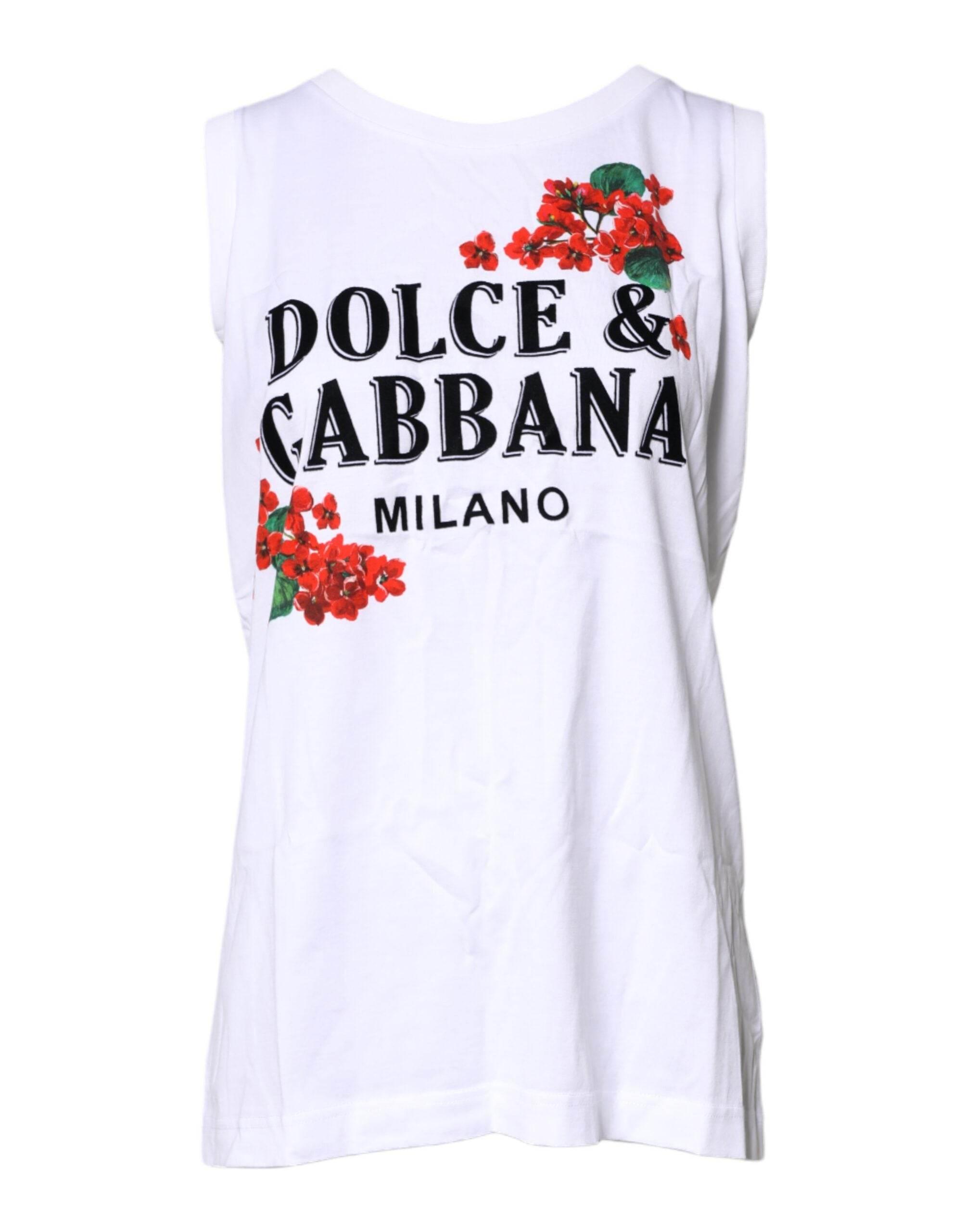 Dolce & Gabbana White Floral Printed Cotton Sleeveless T-shirt - Hilstor