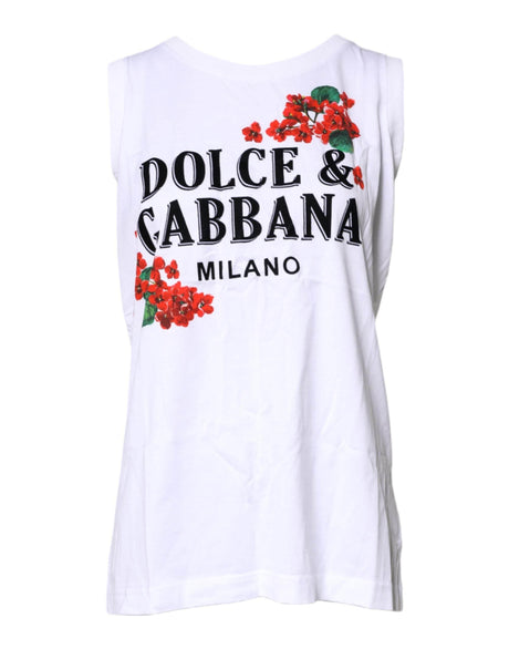 Dolce & Gabbana White Floral Printed Cotton Sleeveless T-shirt - Hilstor