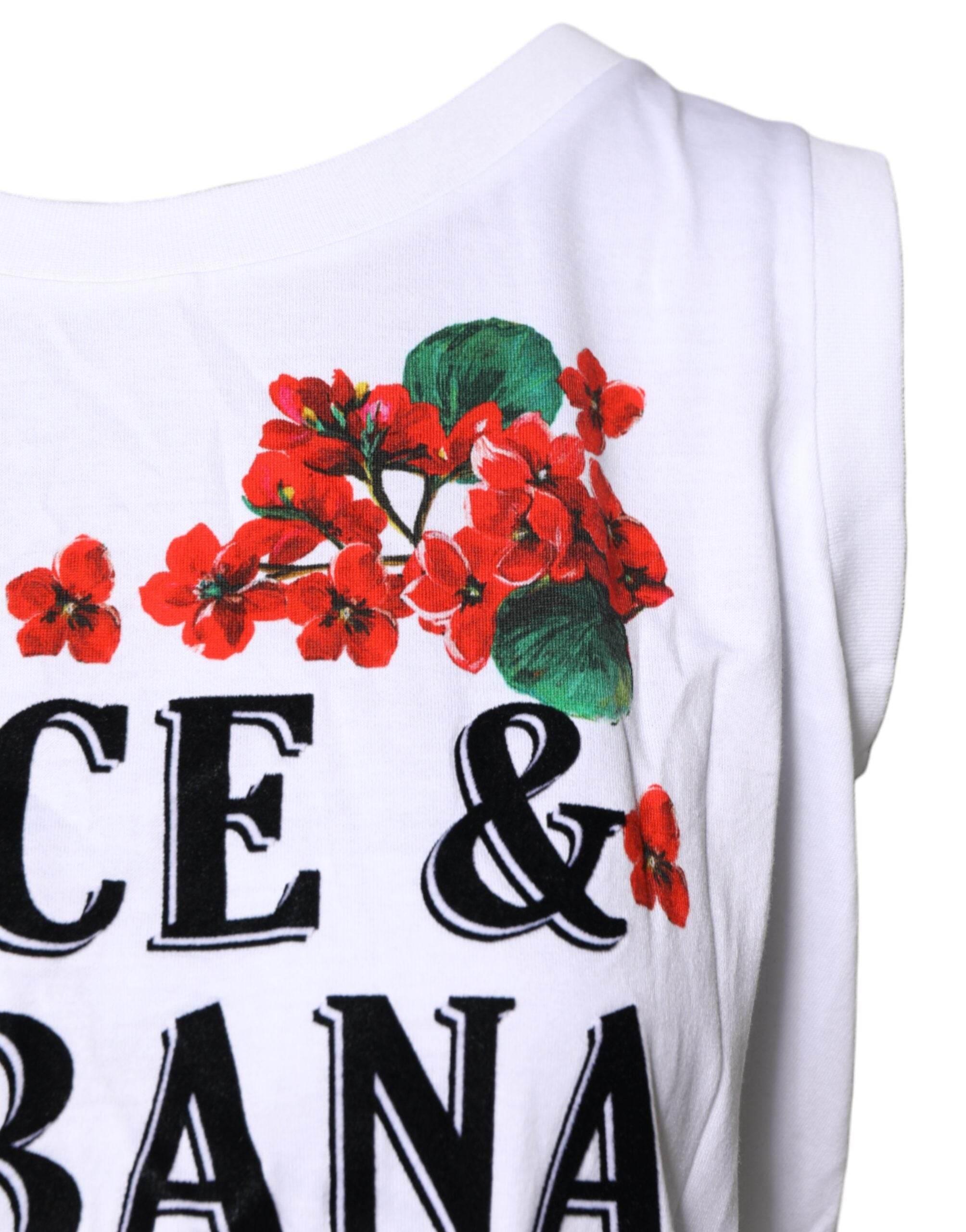 Dolce & Gabbana White Floral Printed Cotton Sleeveless T-shirt - Hilstor