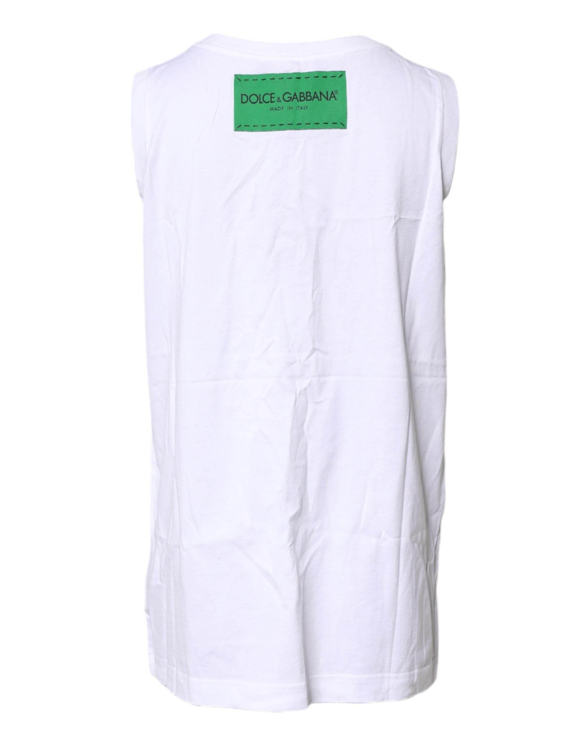 Dolce & Gabbana White Floral Printed Cotton Sleeveless T-shirt - Hilstor