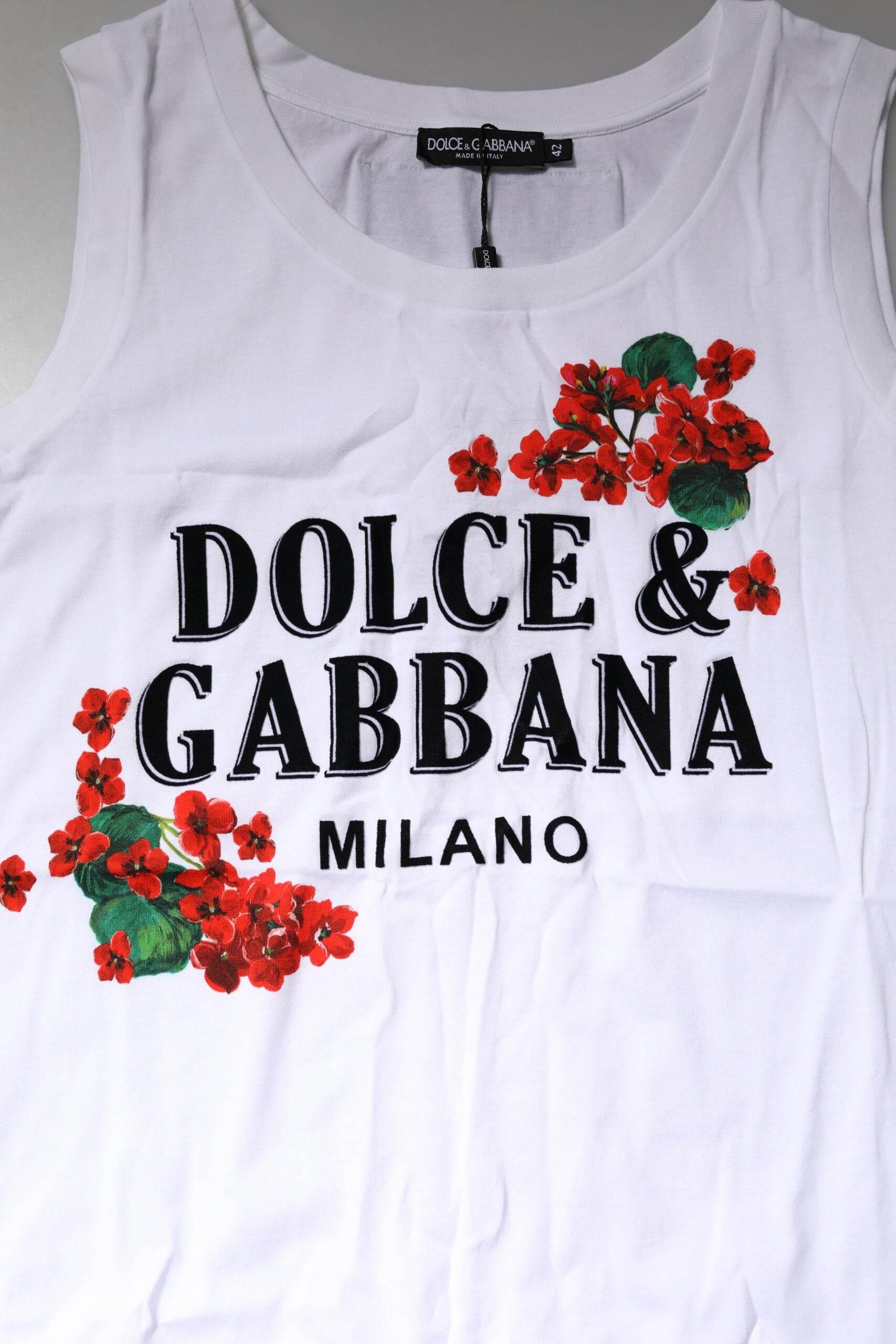 Dolce & Gabbana White Floral Printed Cotton Sleeveless T-shirt - Hilstor
