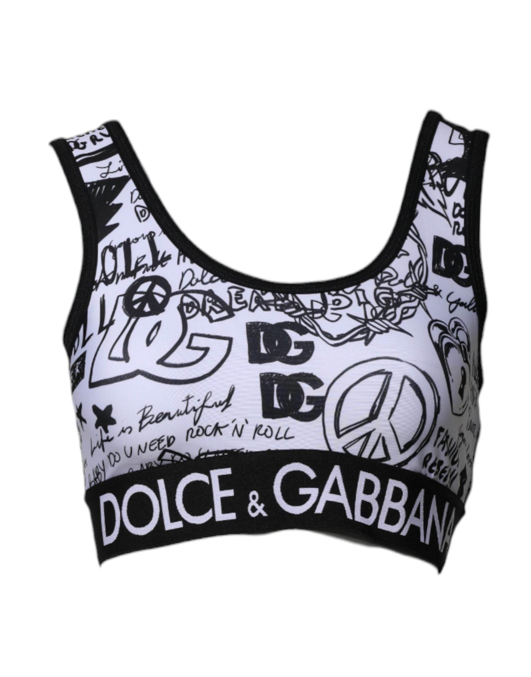 Dolce & Gabbana White Graffiti Print Logo Band Sports Bra Top - Hilstor