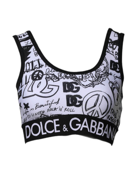 Dolce & Gabbana White Graffiti Print Logo Band Sports Bra Top - Hilstor