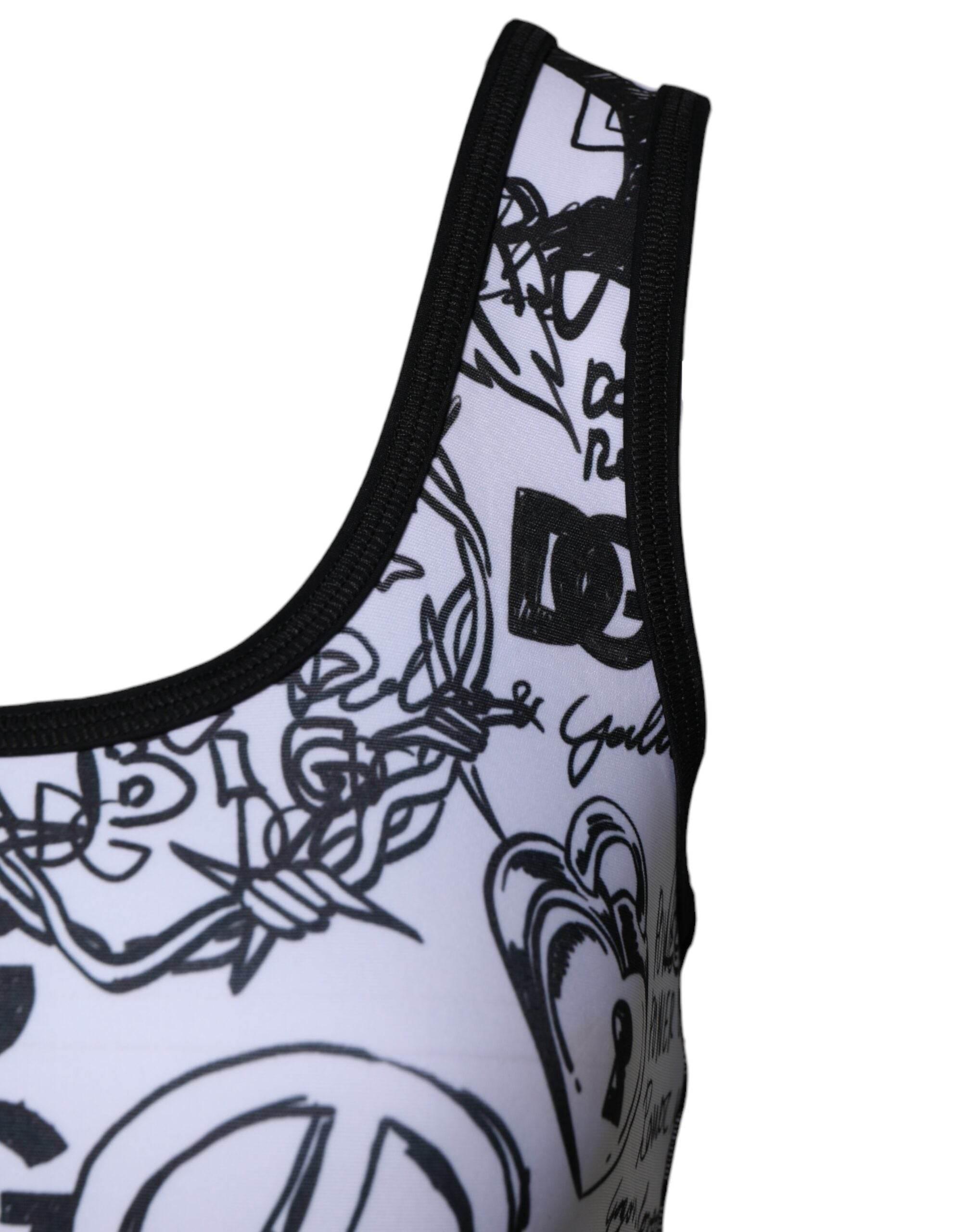 Dolce & Gabbana White Graffiti Print Logo Band Sports Bra Top - Hilstor