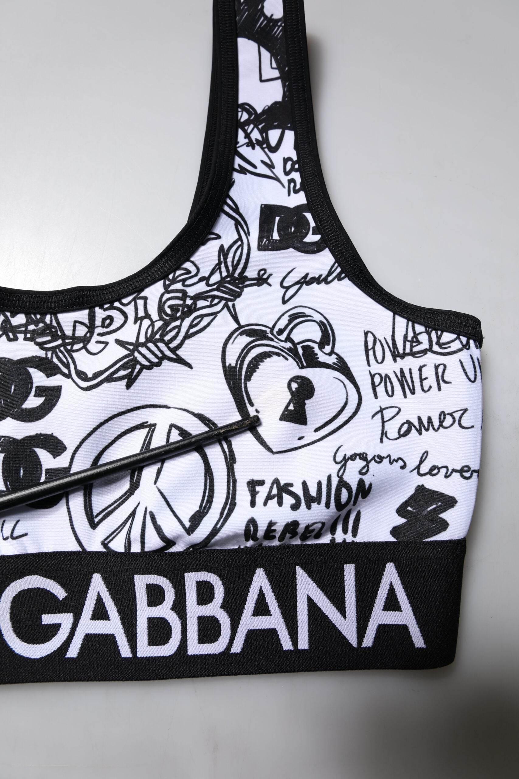 Dolce & Gabbana White Graffiti Print Logo Band Sports Bra Top - Hilstor