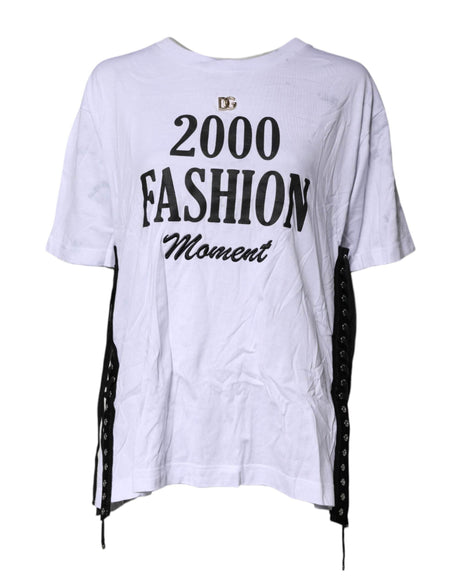 Dolce & Gabbana White Print Lace-Up Cotton Crew Neck T-shirt - Hilstor