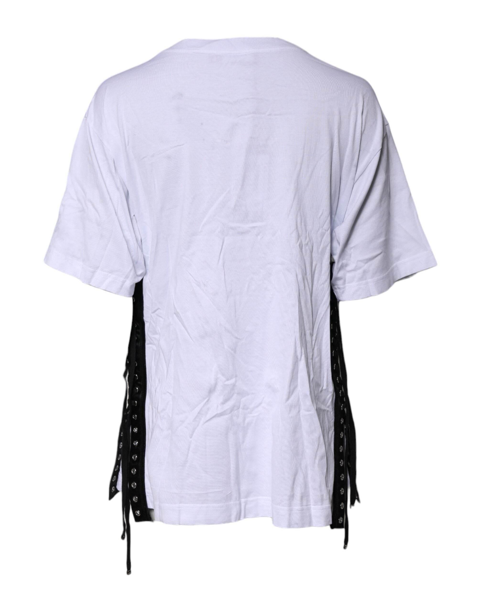 Dolce & Gabbana White Print Lace-Up Cotton Crew Neck T-shirt - Hilstor