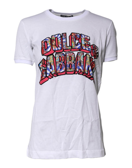 Dolce & Gabbana White Cotton Logo Print Round Neck T-shirt - Hilstor