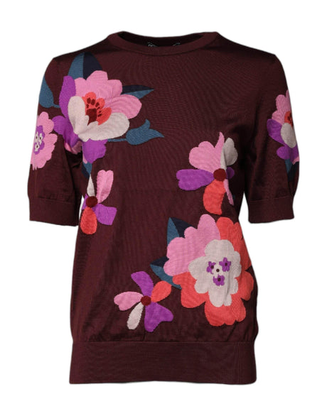 Dolce & Gabbana Maroon Floral Silk Crew Neck Blouse Top - Hilstor