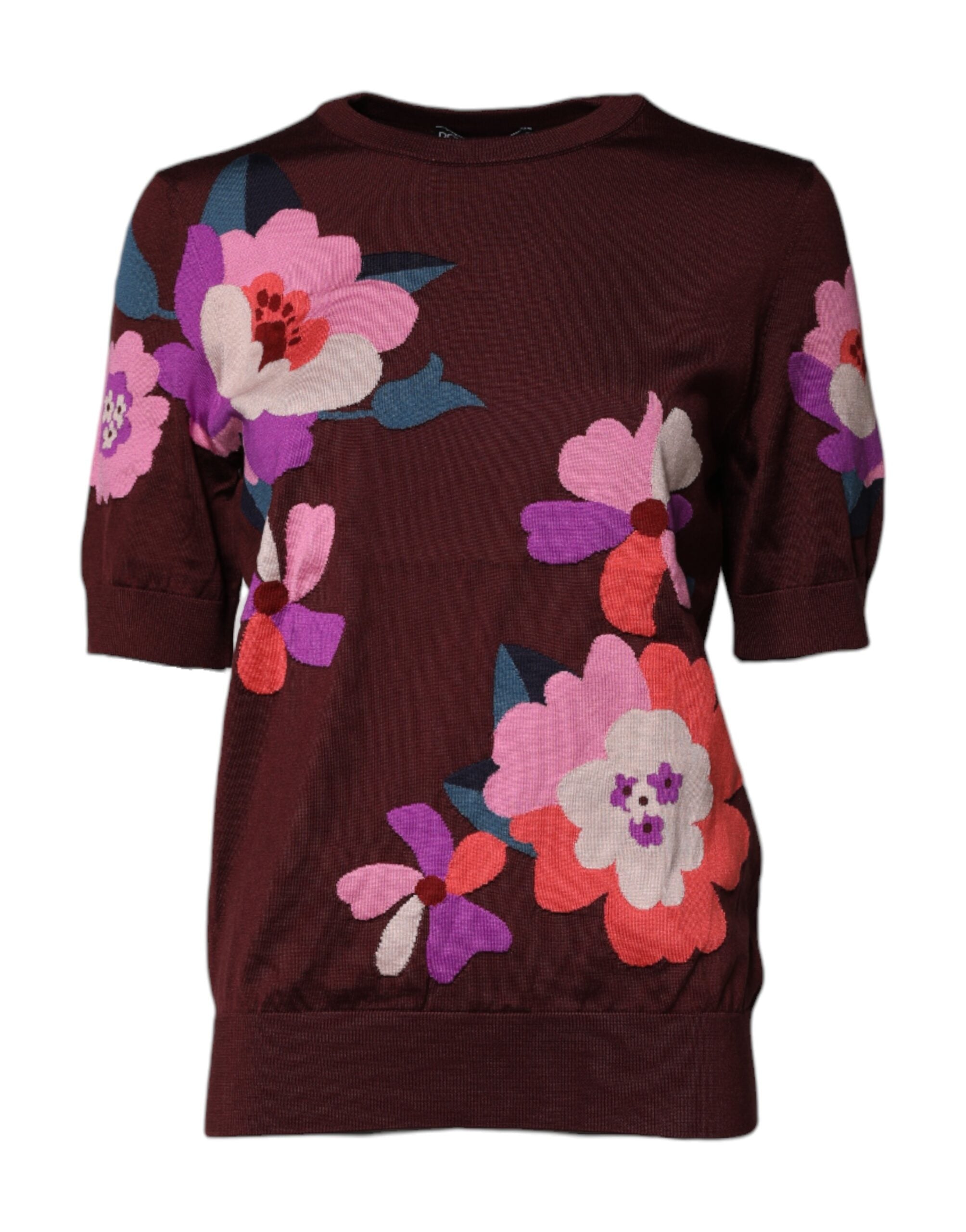 Dolce &amp; Gabbana rødbrun blomster silke bluse top med rund hals