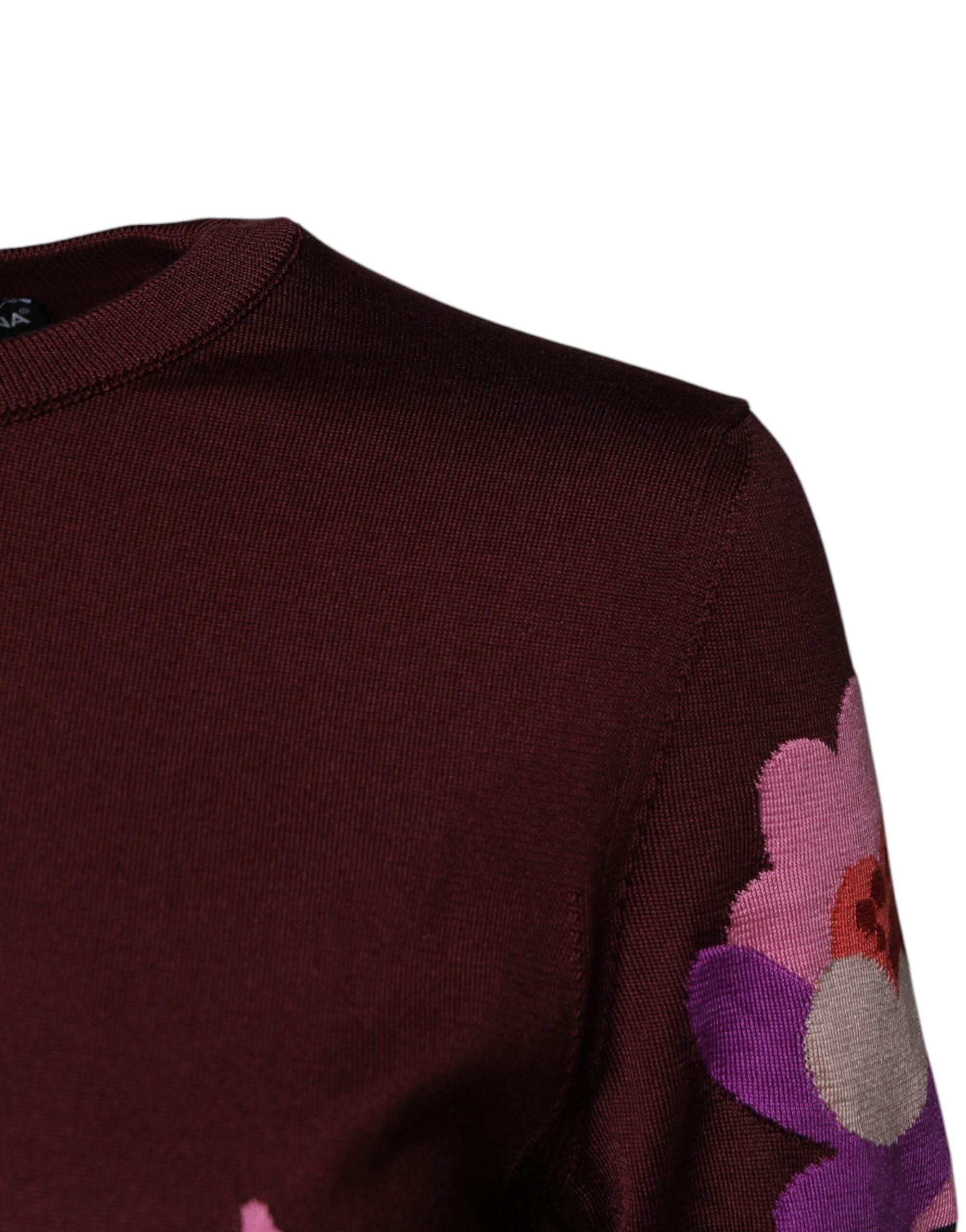 Dolce & Gabbana Maroon Floral Silk Crew Neck Blouse Top - Hilstor